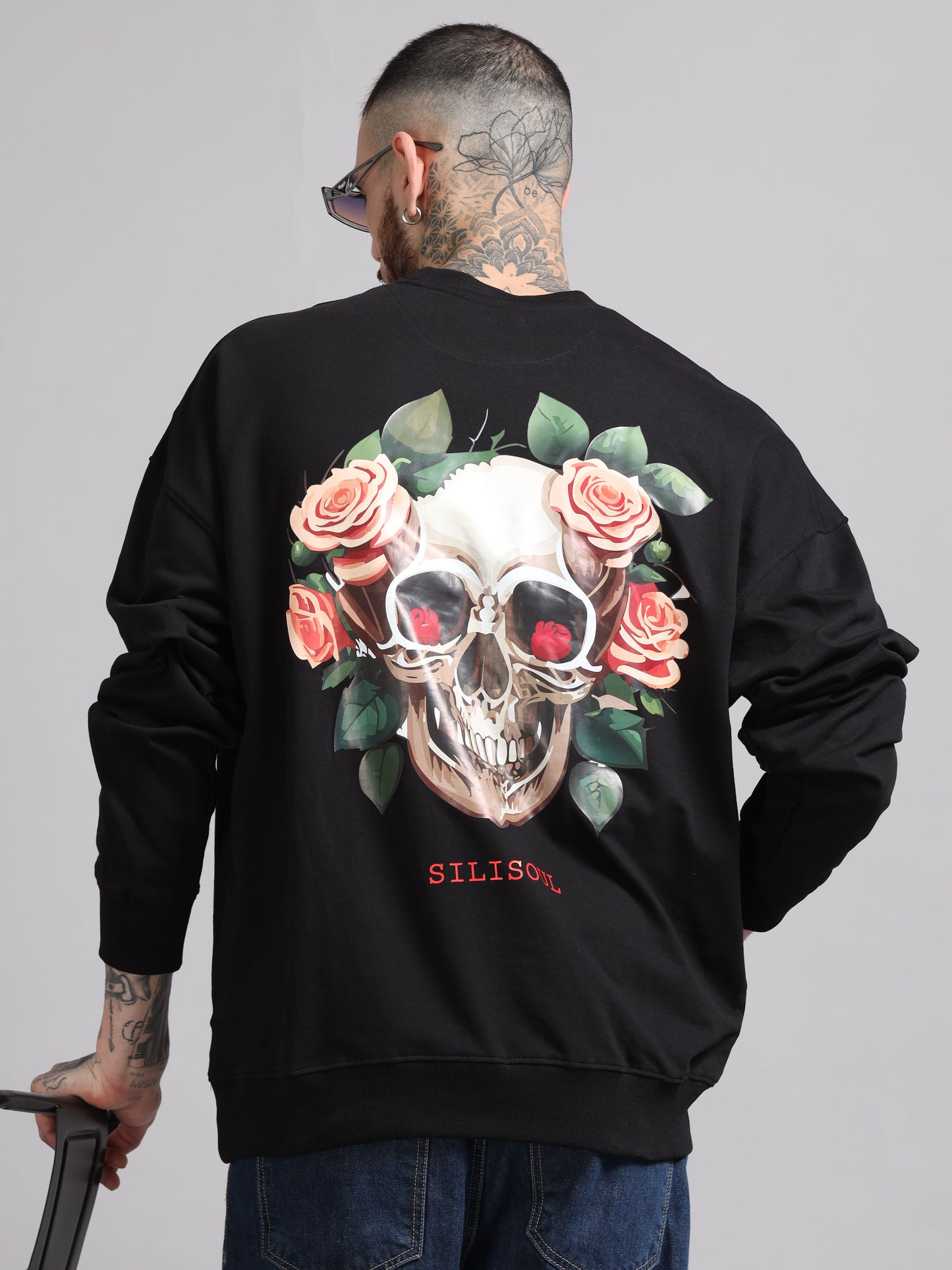 Men Printed Oversized Sweatshirt Pure Cotton Full Sleeve Black