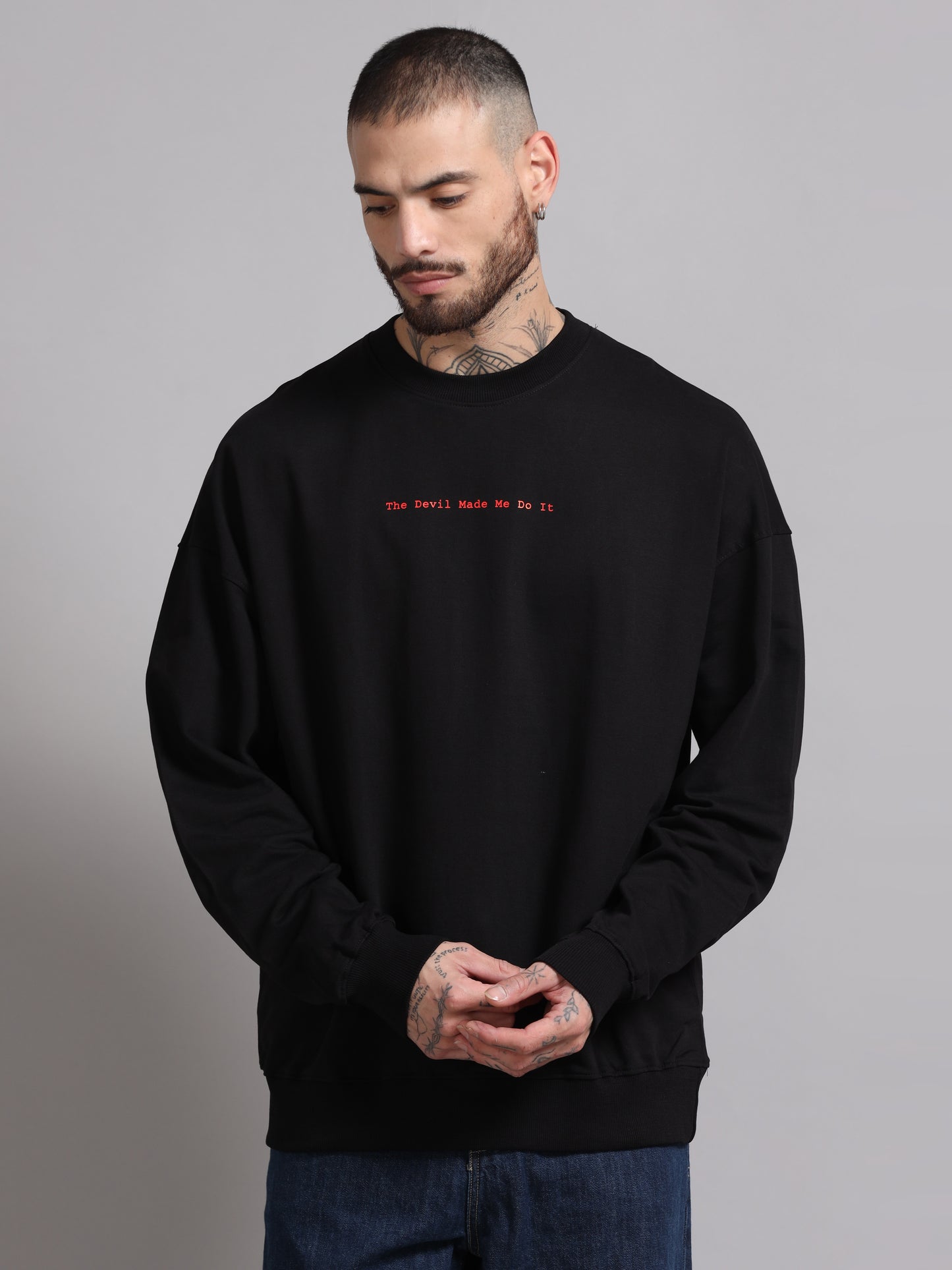 Men Printed Oversized Sweatshirt Pure Cotton Full Sleeve Black