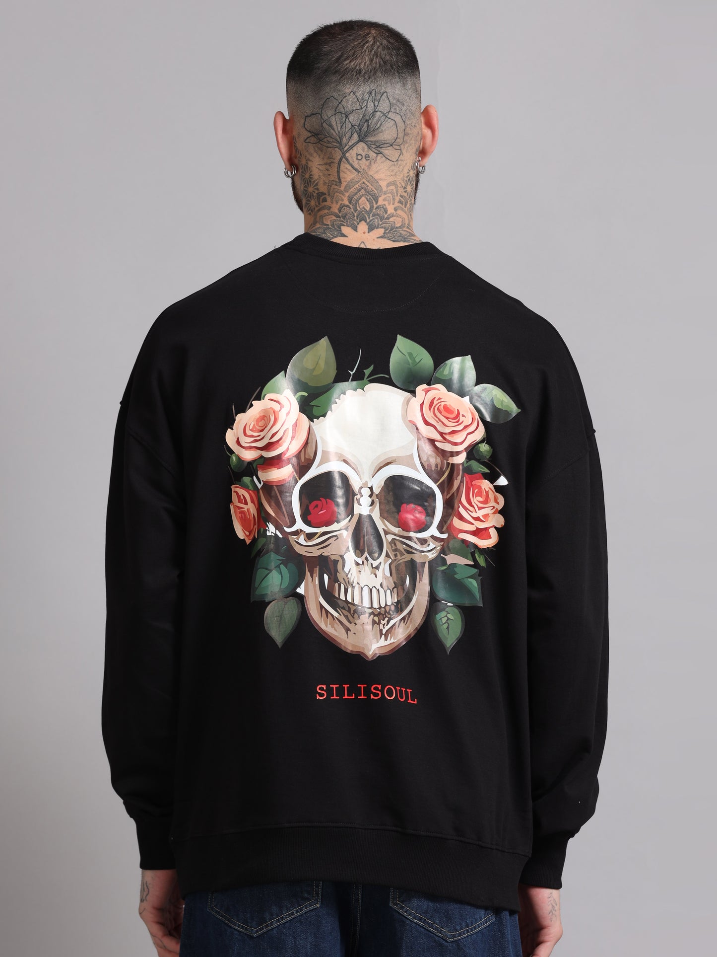 Men Printed Oversized Sweatshirt Pure Cotton Full Sleeve Black