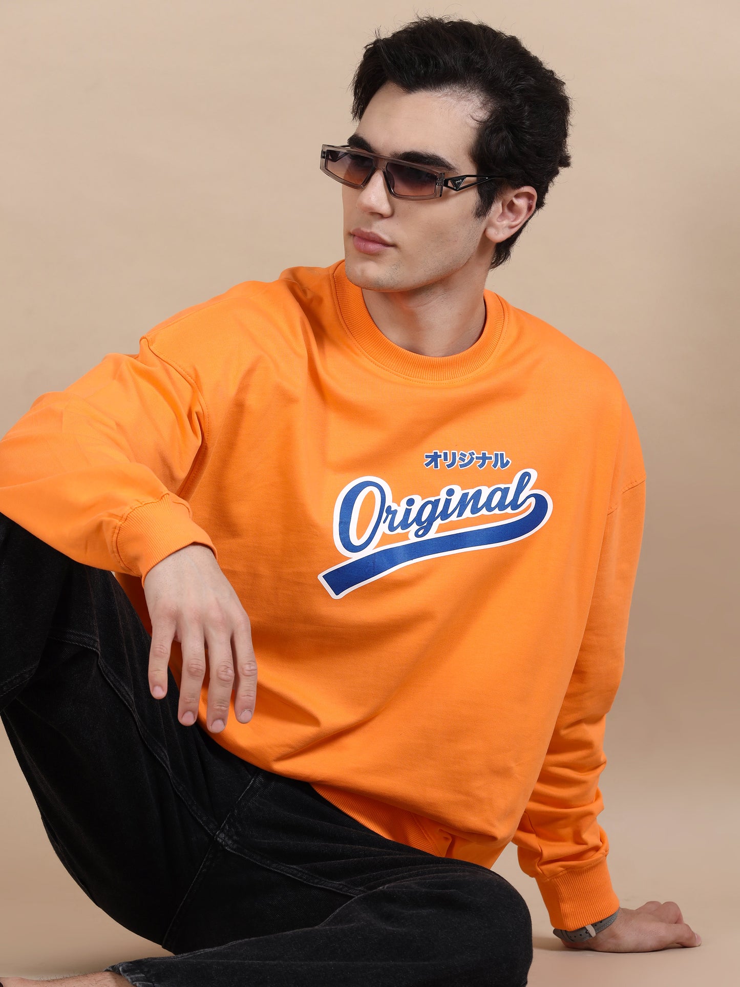 Men Printed Oversized Sweatshirt Pure Cotton Full Sleeve Orange