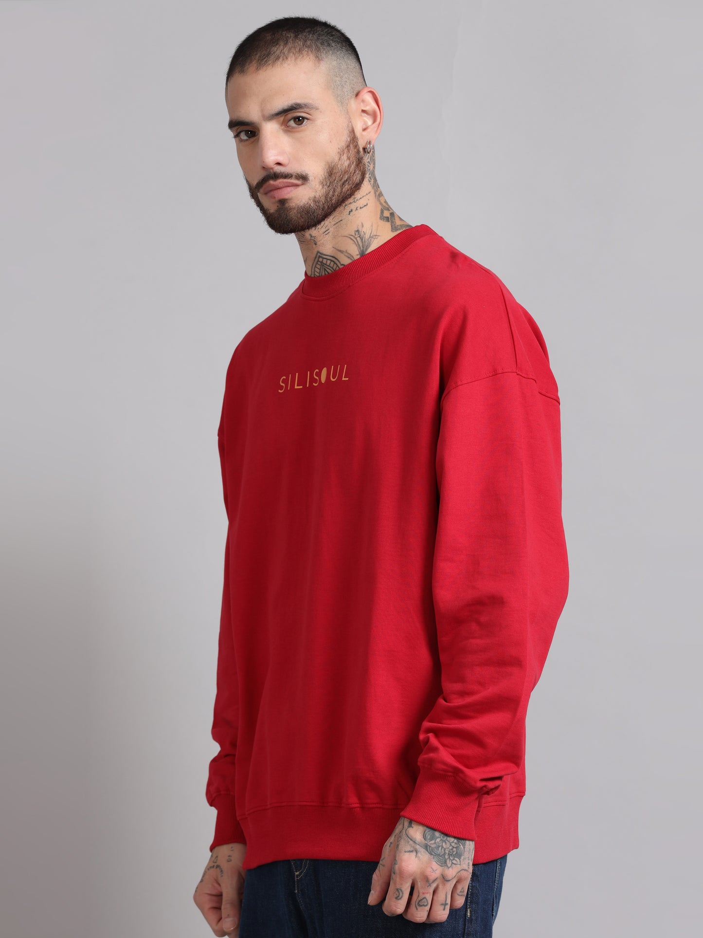 Men Printed Oversized Sweatshirt Pure Cotton Full Sleeve Red