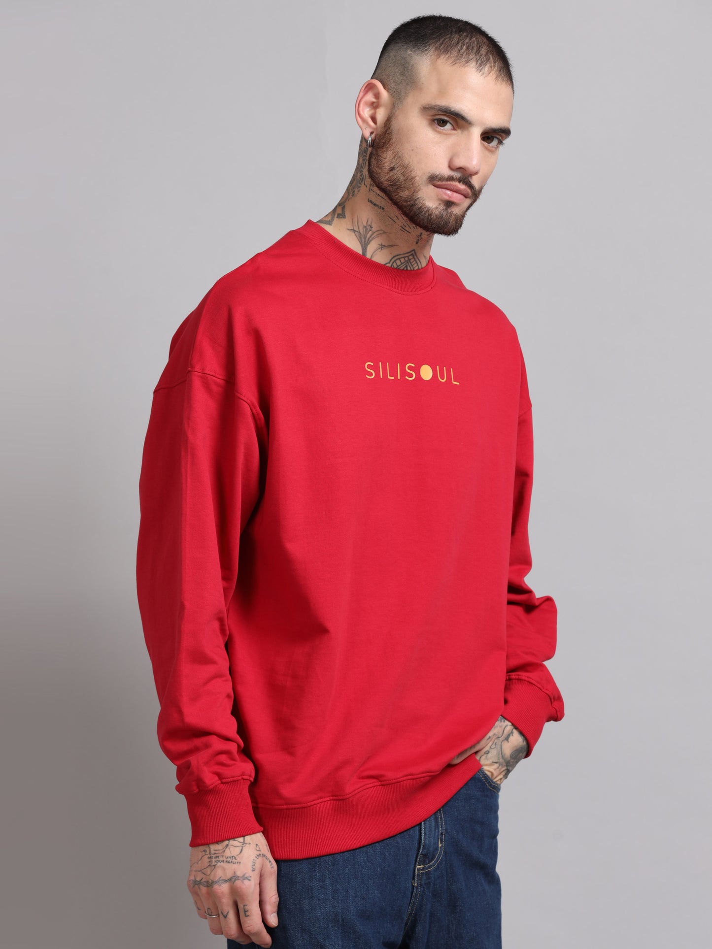 Men Printed Oversized Sweatshirt Pure Cotton Full Sleeve Red SILISOUL