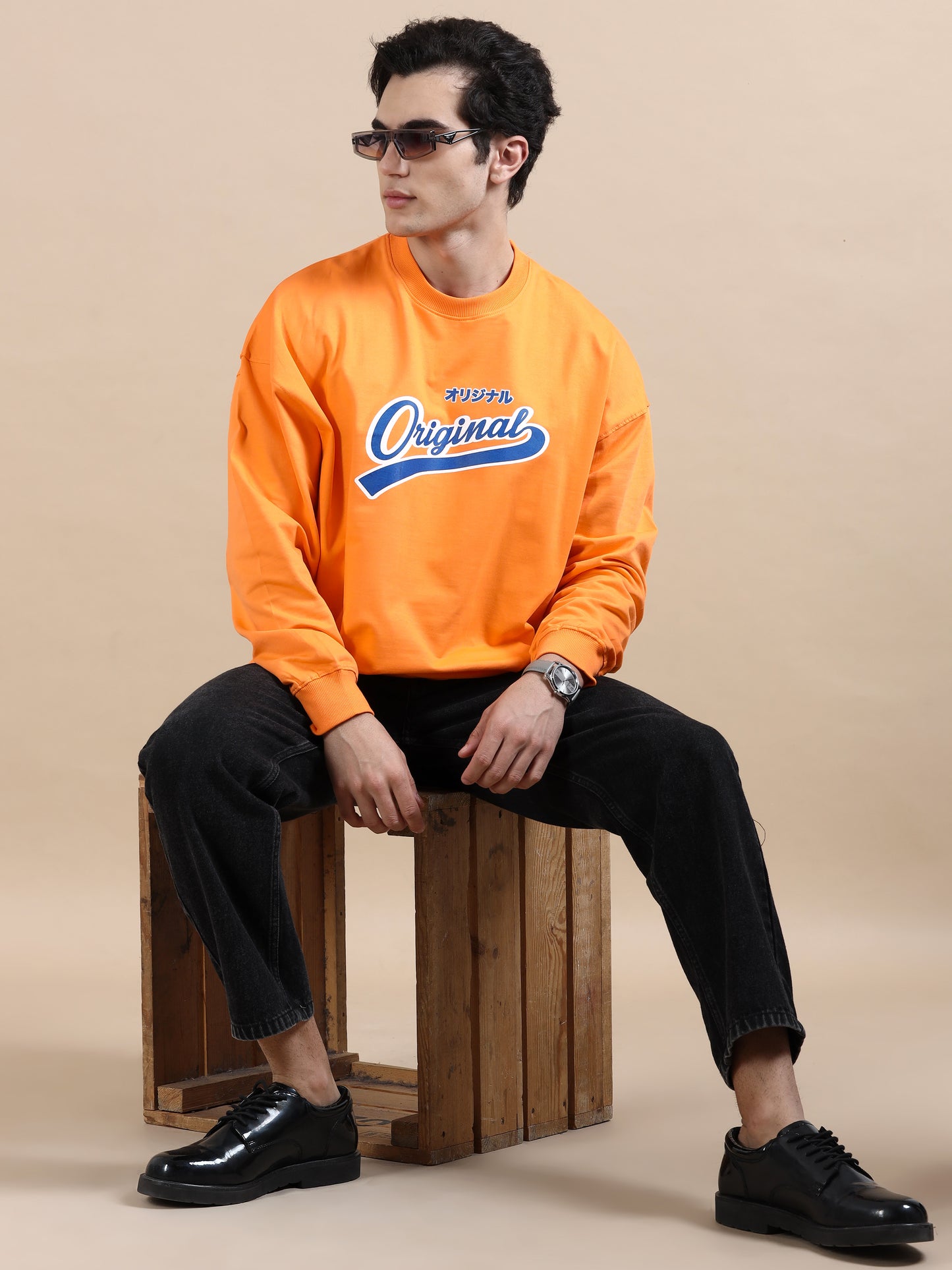 Men Printed Oversized Sweatshirt Pure Cotton Full Sleeve Orange