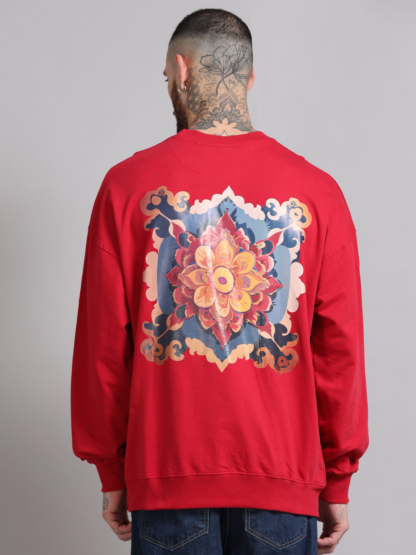 Men Printed Oversized Sweatshirt Pure Cotton Full Sleeve Red