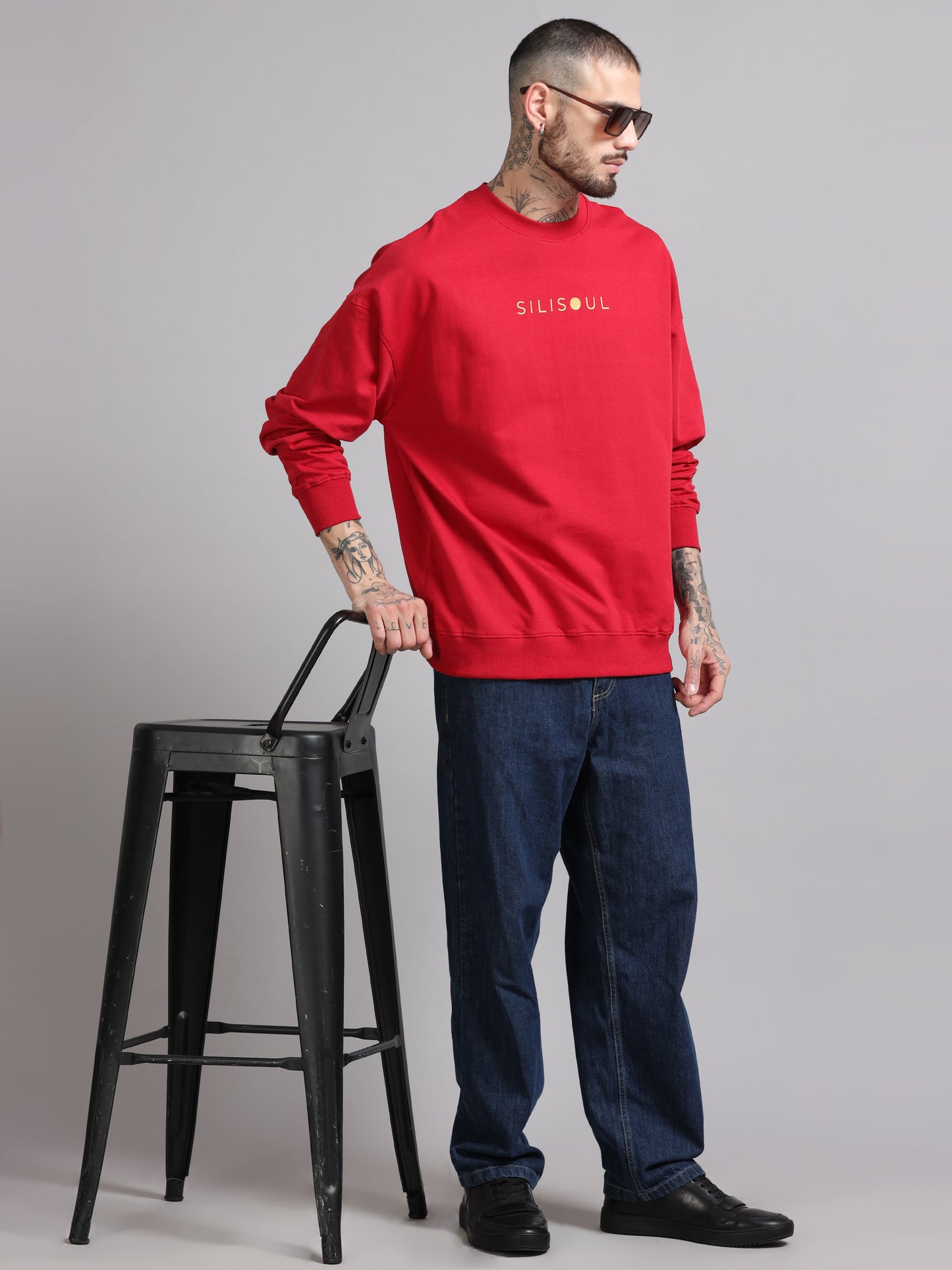 Men Printed Oversized Sweatshirt Pure Cotton Full Sleeve Red