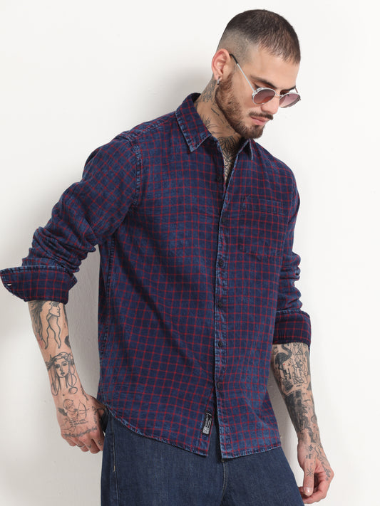 Indigo Dyed Premium Men Shirt, Regular Fit, Pure Cotton, Red-Navy