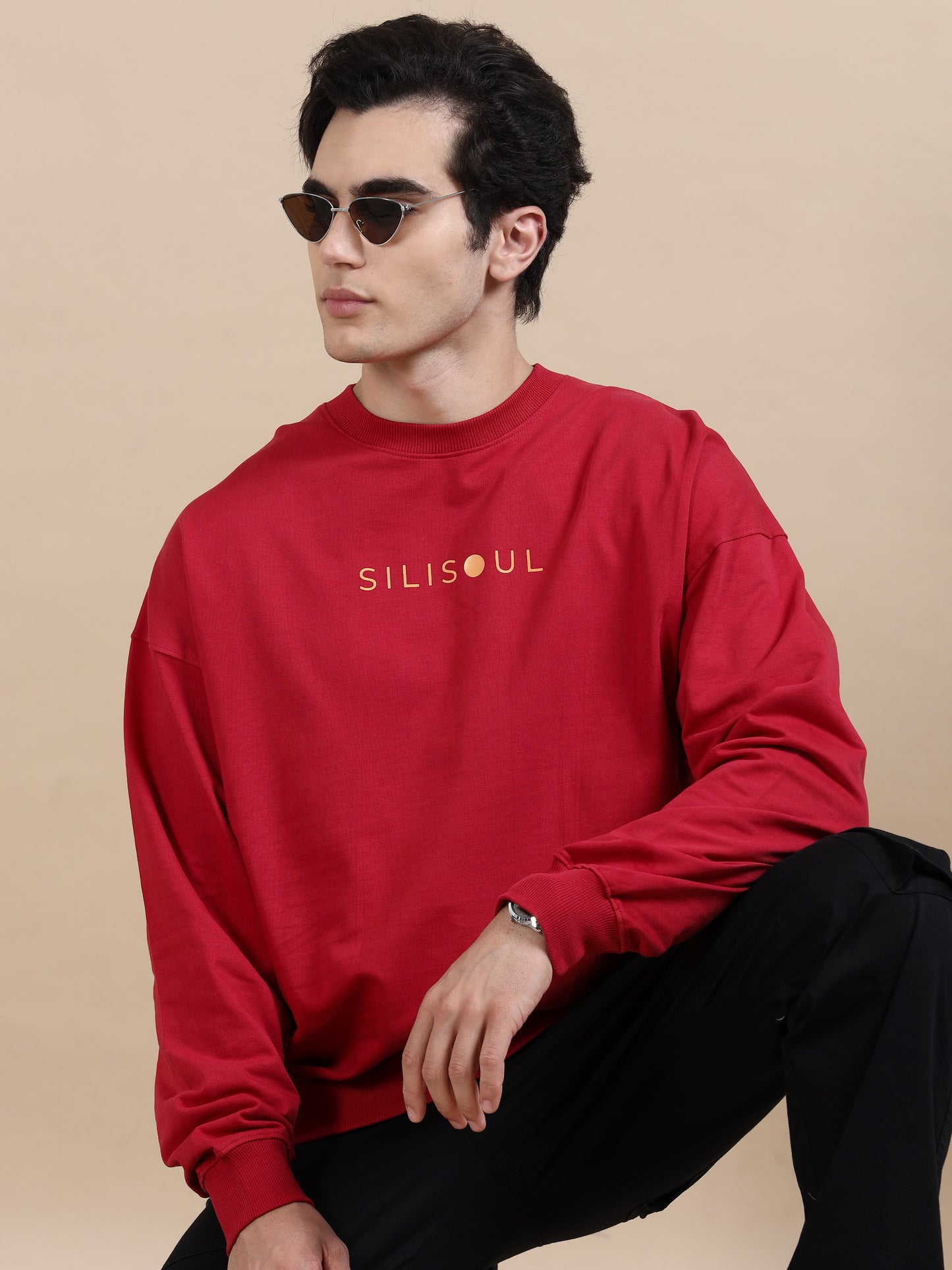 Men Printed Oversized Sweatshirt Pure Cotton Full Sleeve Red