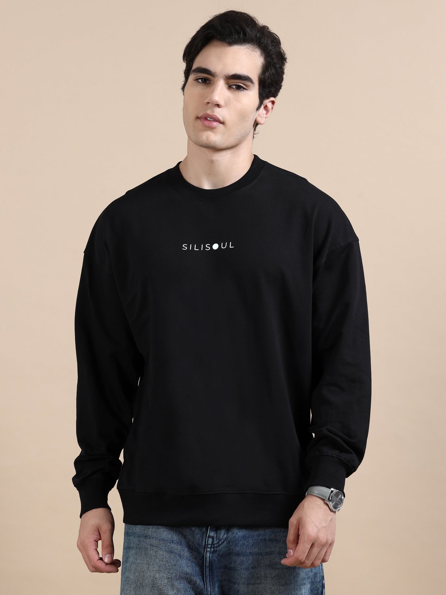 Men Printed Oversized Sweatshirt Pure Cotton Full Sleeve Black