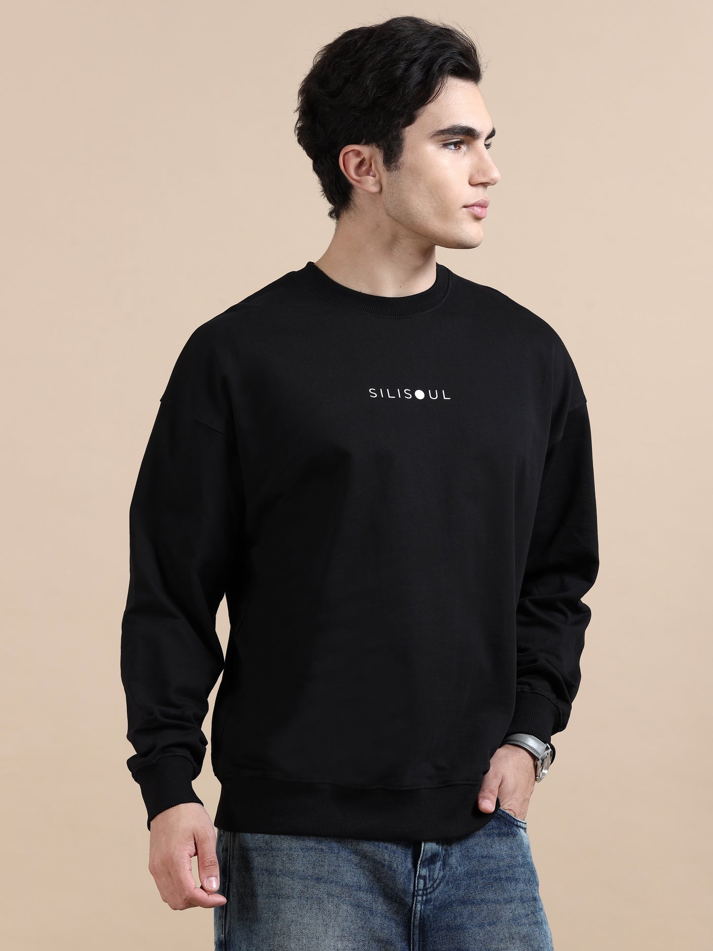 Men Printed Oversized Sweatshirt Pure Cotton Full Sleeve Black