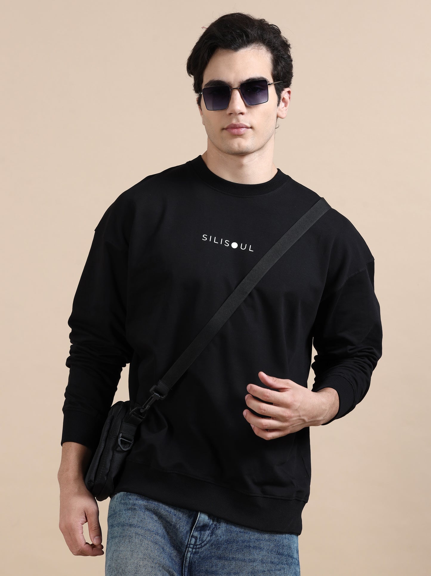 Men Printed Oversized Sweatshirt Pure Cotton Full Sleeve Black