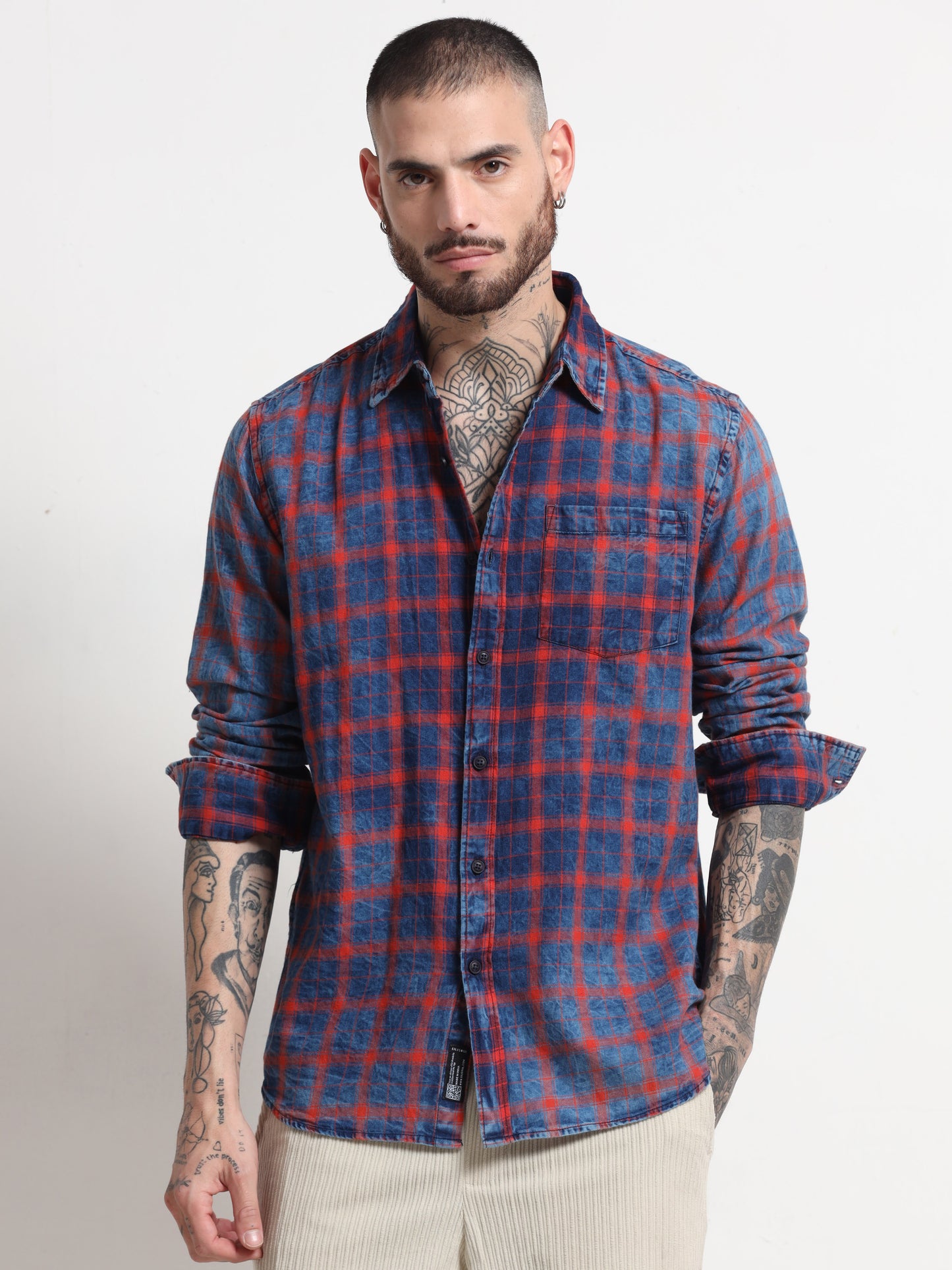 Indigo Dyed Premium Men Shirt, Regular Fit, Pure Cotton, Red-Navy SILISOUL