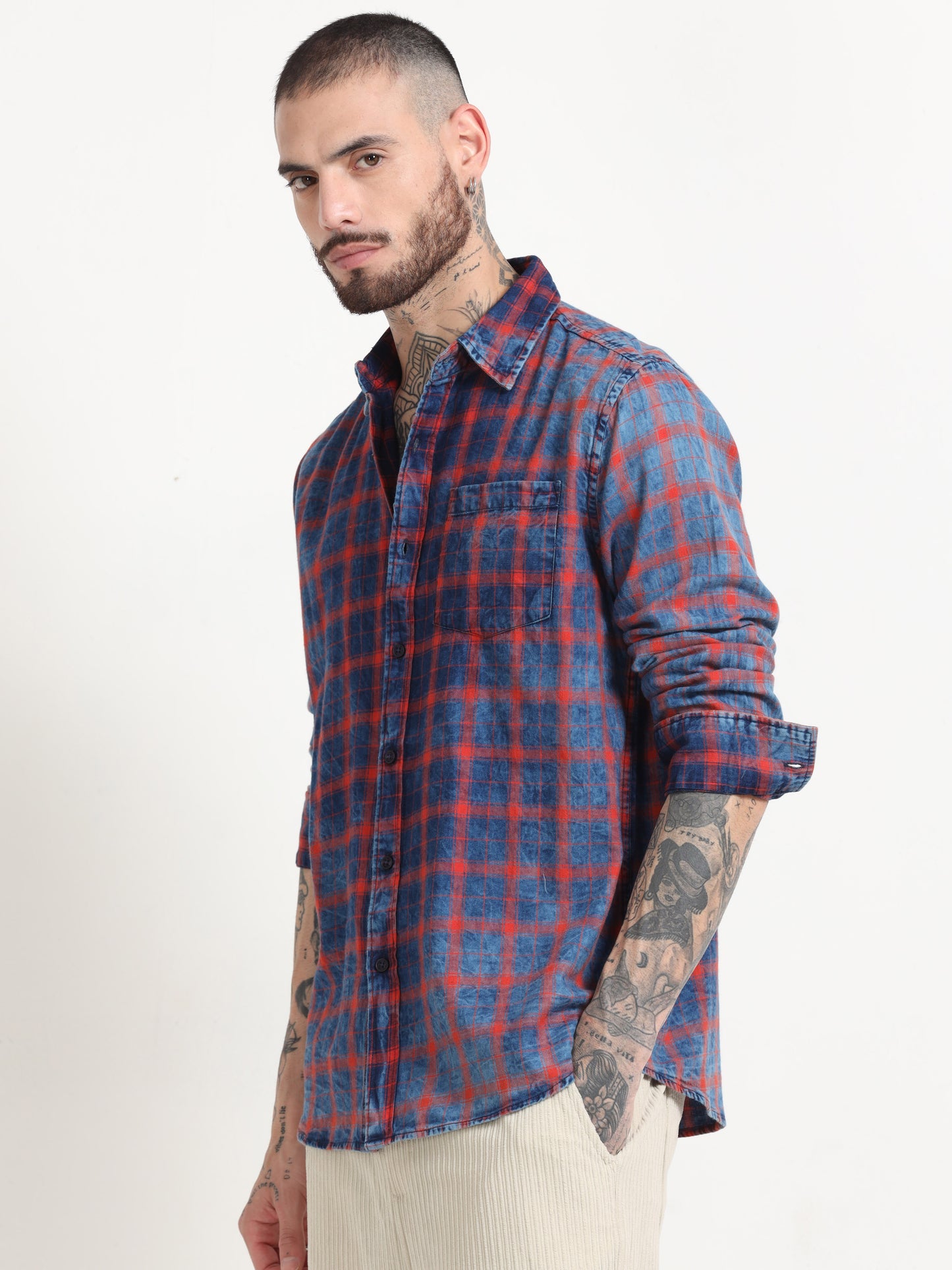 Indigo Dyed Premium Men Shirt, Regular Fit, Pure Cotton, Red-Navy SILISOUL