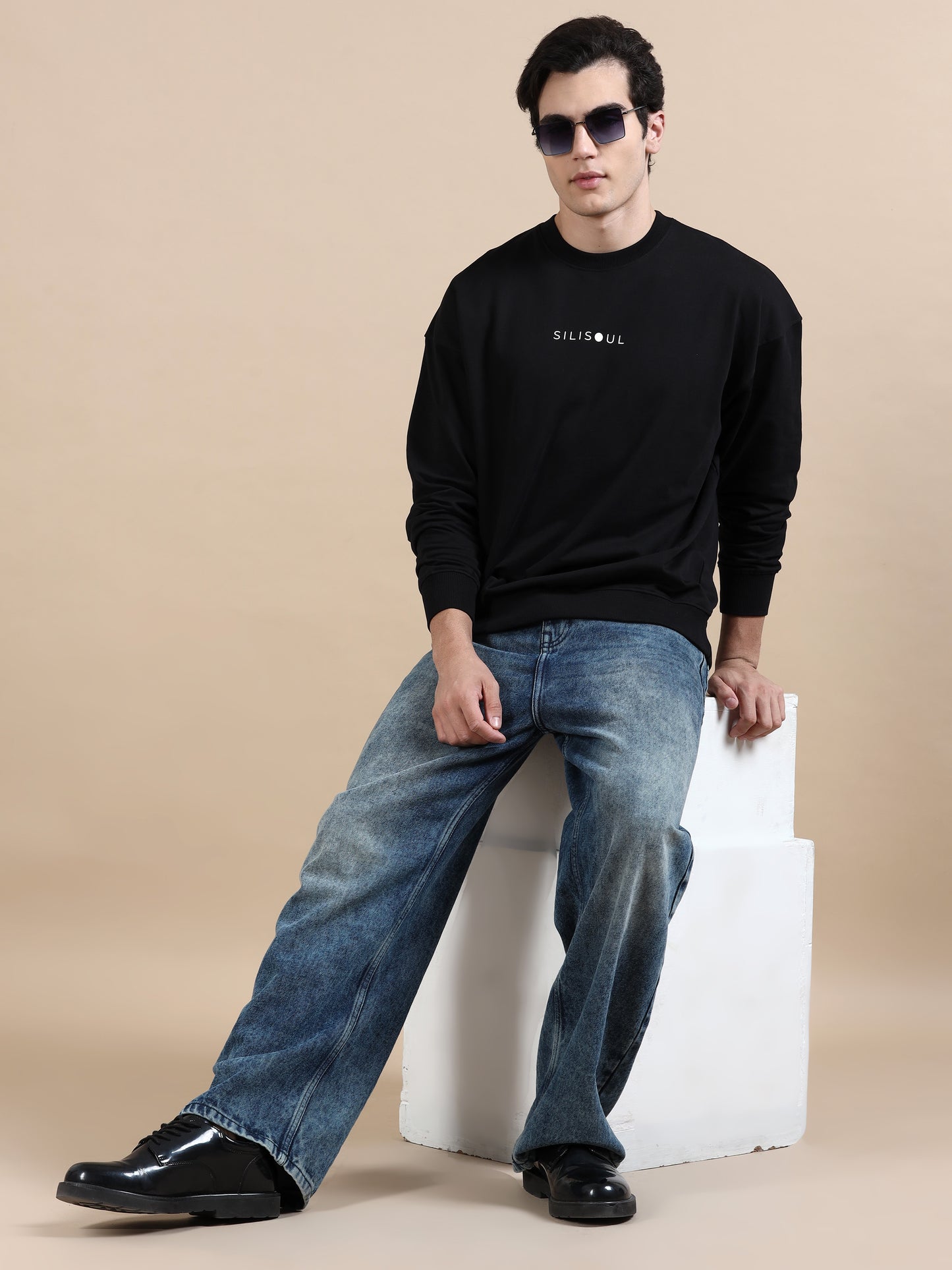 Men Printed Oversized Sweatshirt Pure Cotton Full Sleeve Black