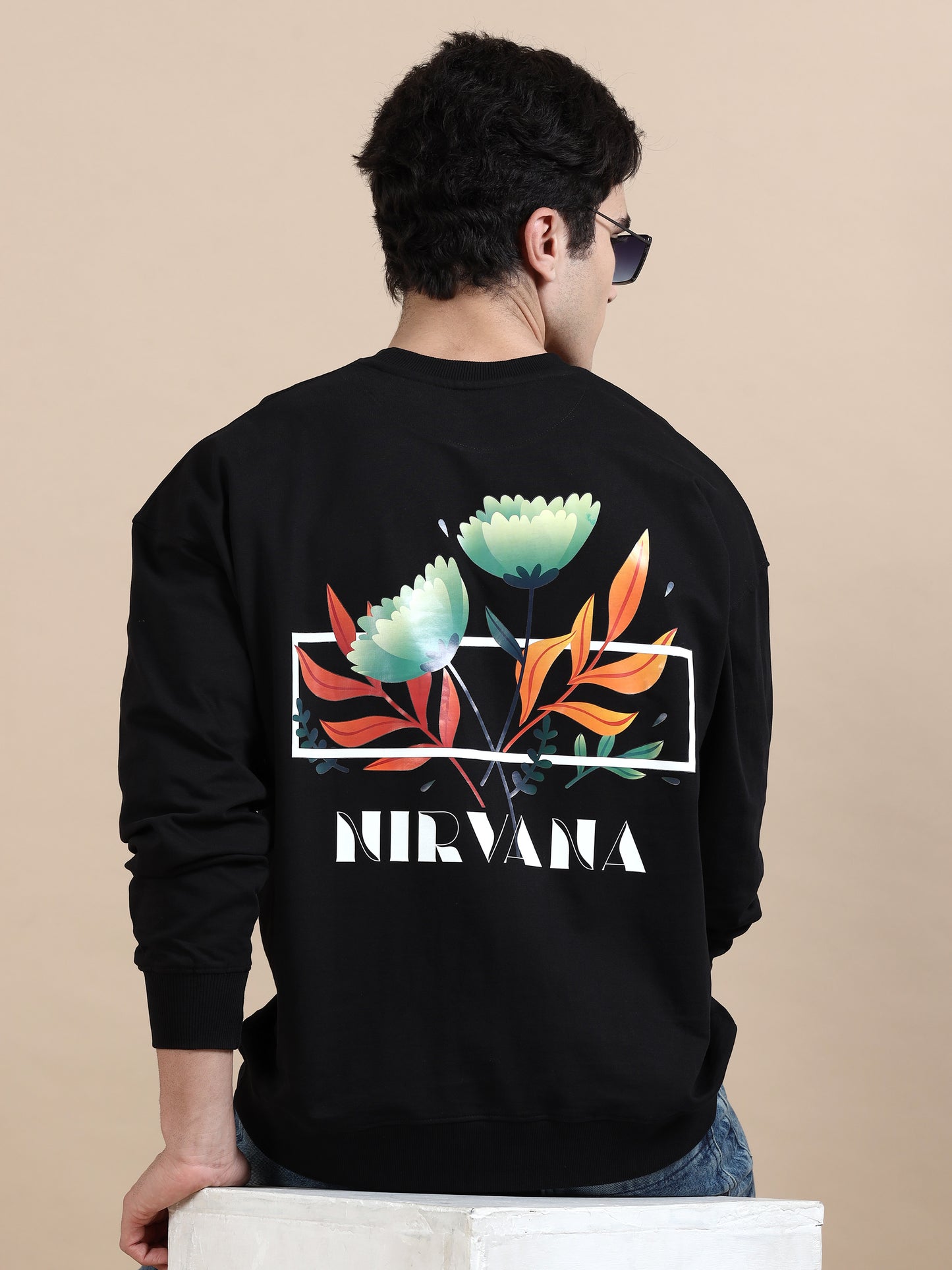 Men Printed Oversized Sweatshirt Pure Cotton Full Sleeve Black