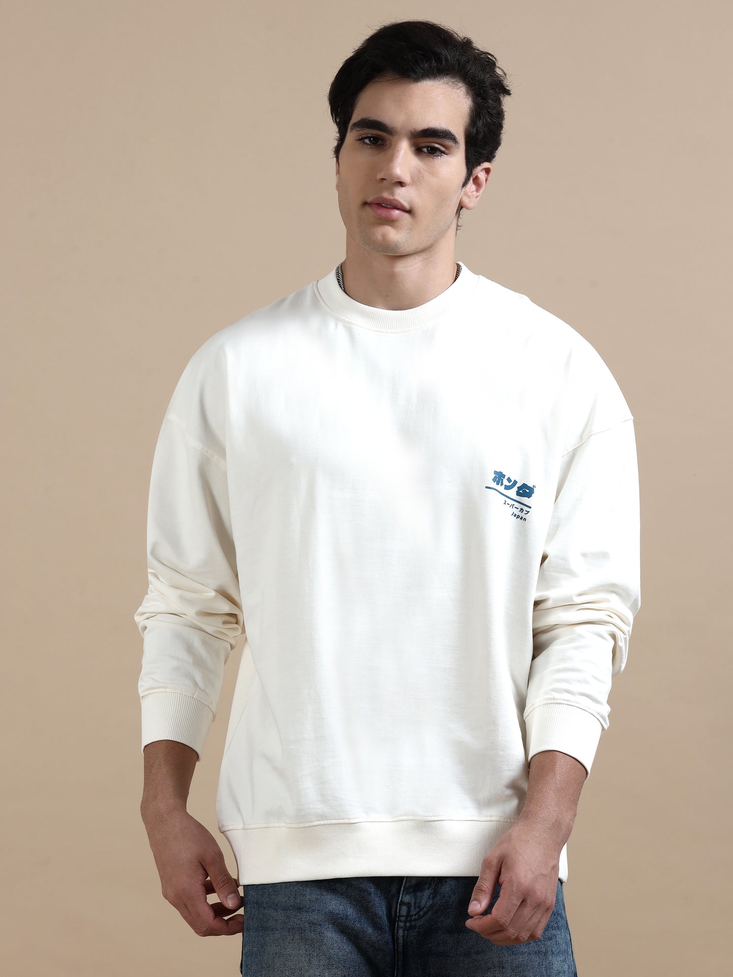 Men Printed Oversized Sweatshirt Pure Cotton Full Sleeve Off white