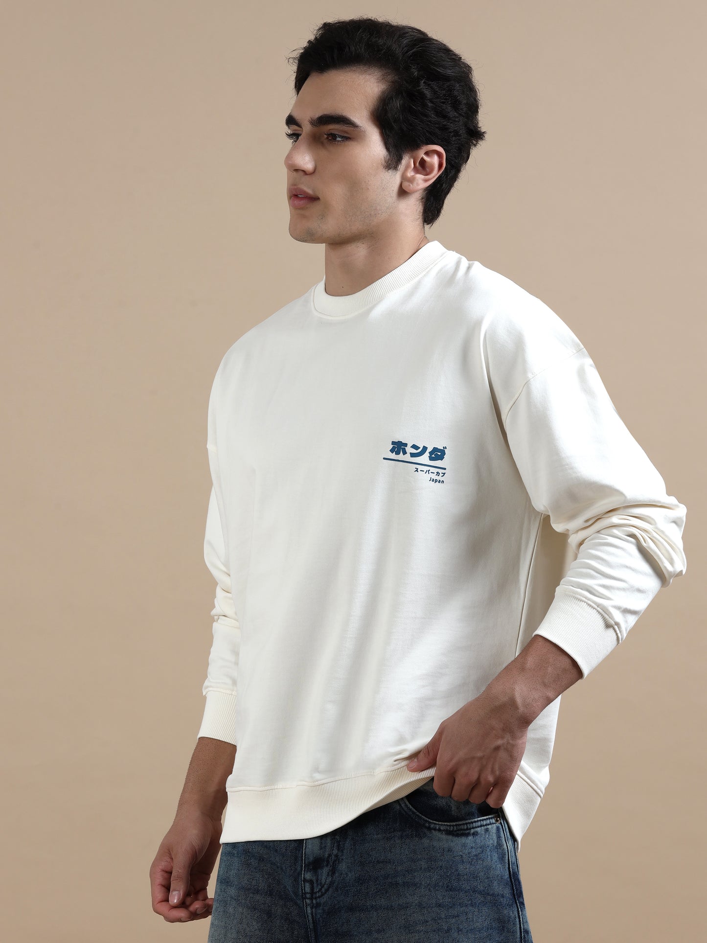 Men Printed Oversized Sweatshirt Pure Cotton Full Sleeve Off white