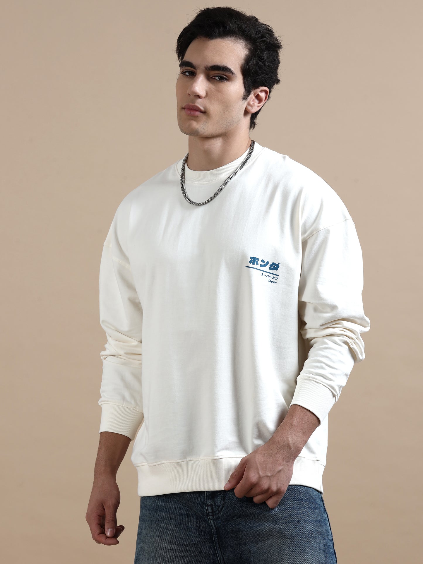 Men Printed Oversized Sweatshirt Pure Cotton Full Sleeve Off white