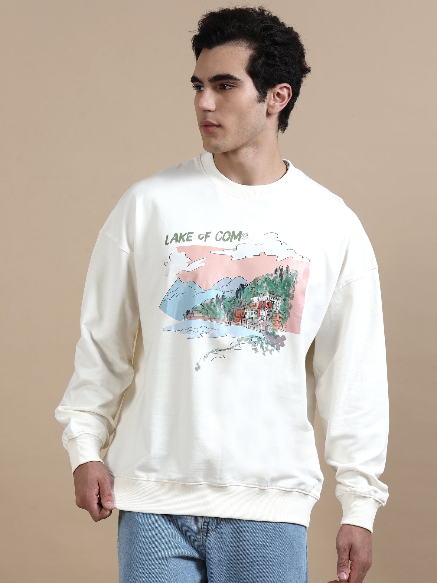 Men Printed Oversized Sweatshirt Pure Cotton Full Sleeve Off white