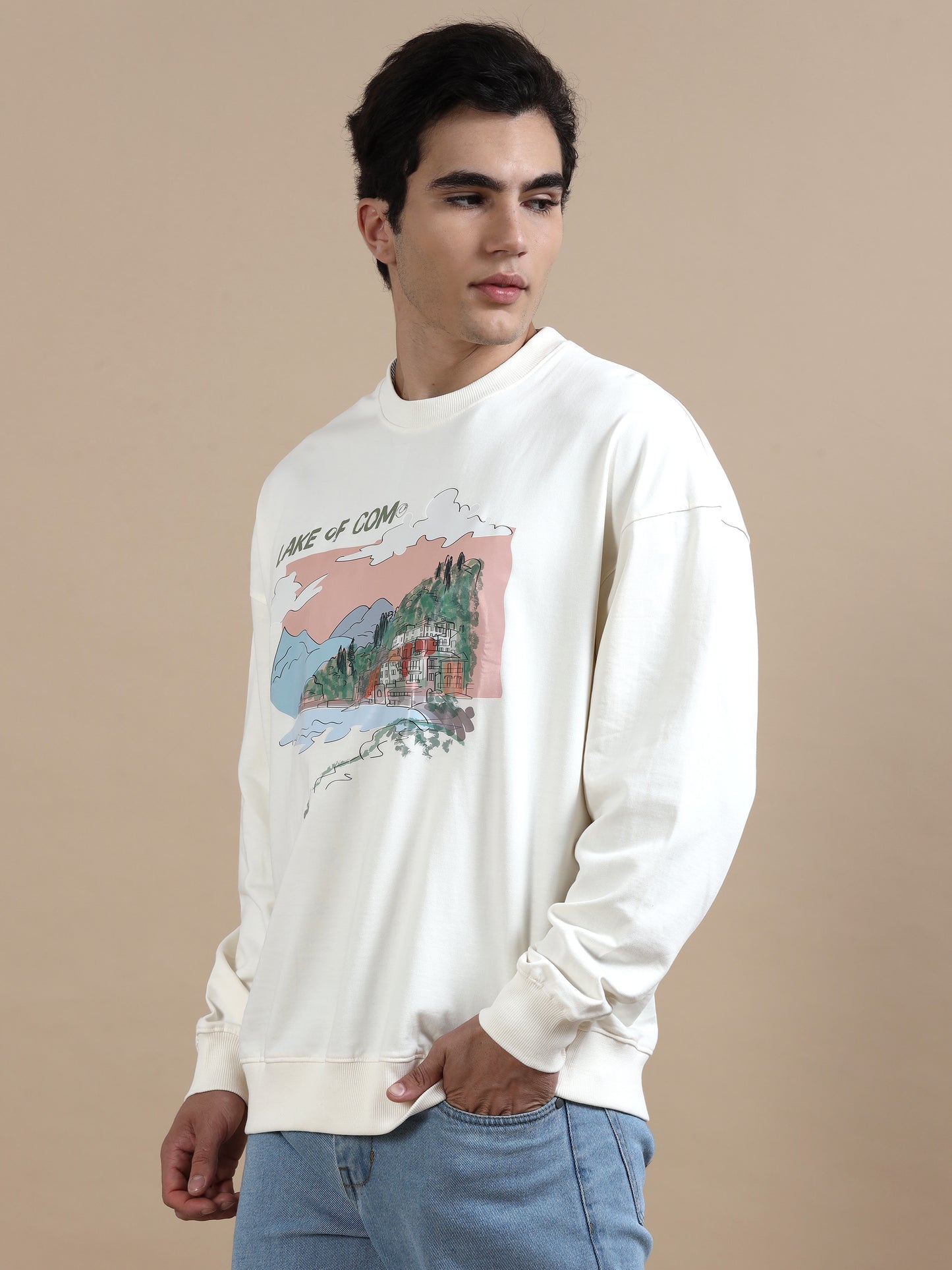 Men Printed Oversized Sweatshirt Pure Cotton Full Sleeve Off white