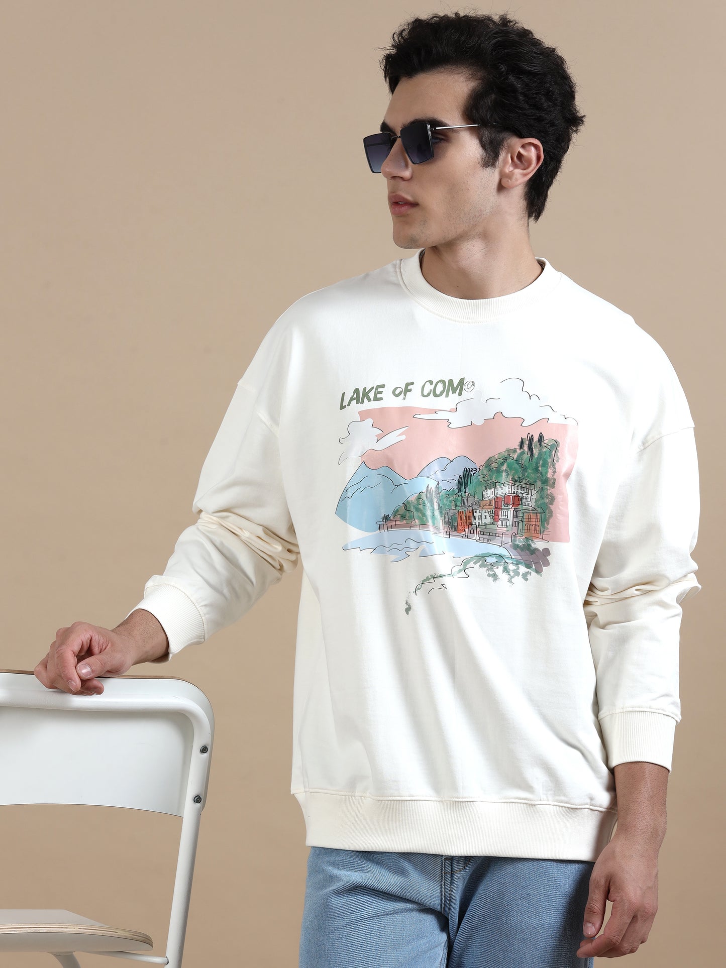 Men Printed Oversized Sweatshirt Pure Cotton Full Sleeve Off white