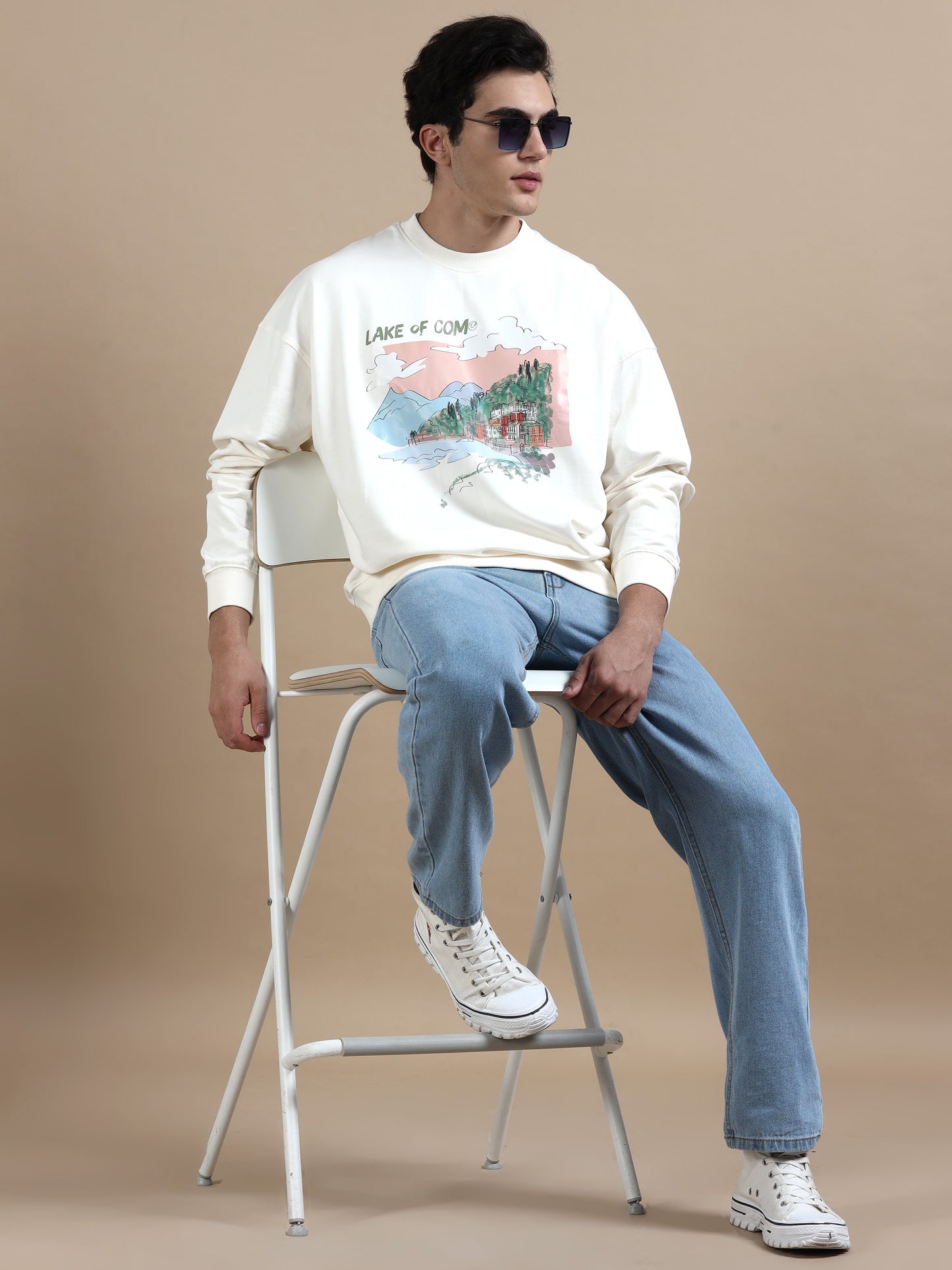 Men Printed Oversized Sweatshirt Pure Cotton Full Sleeve Off white