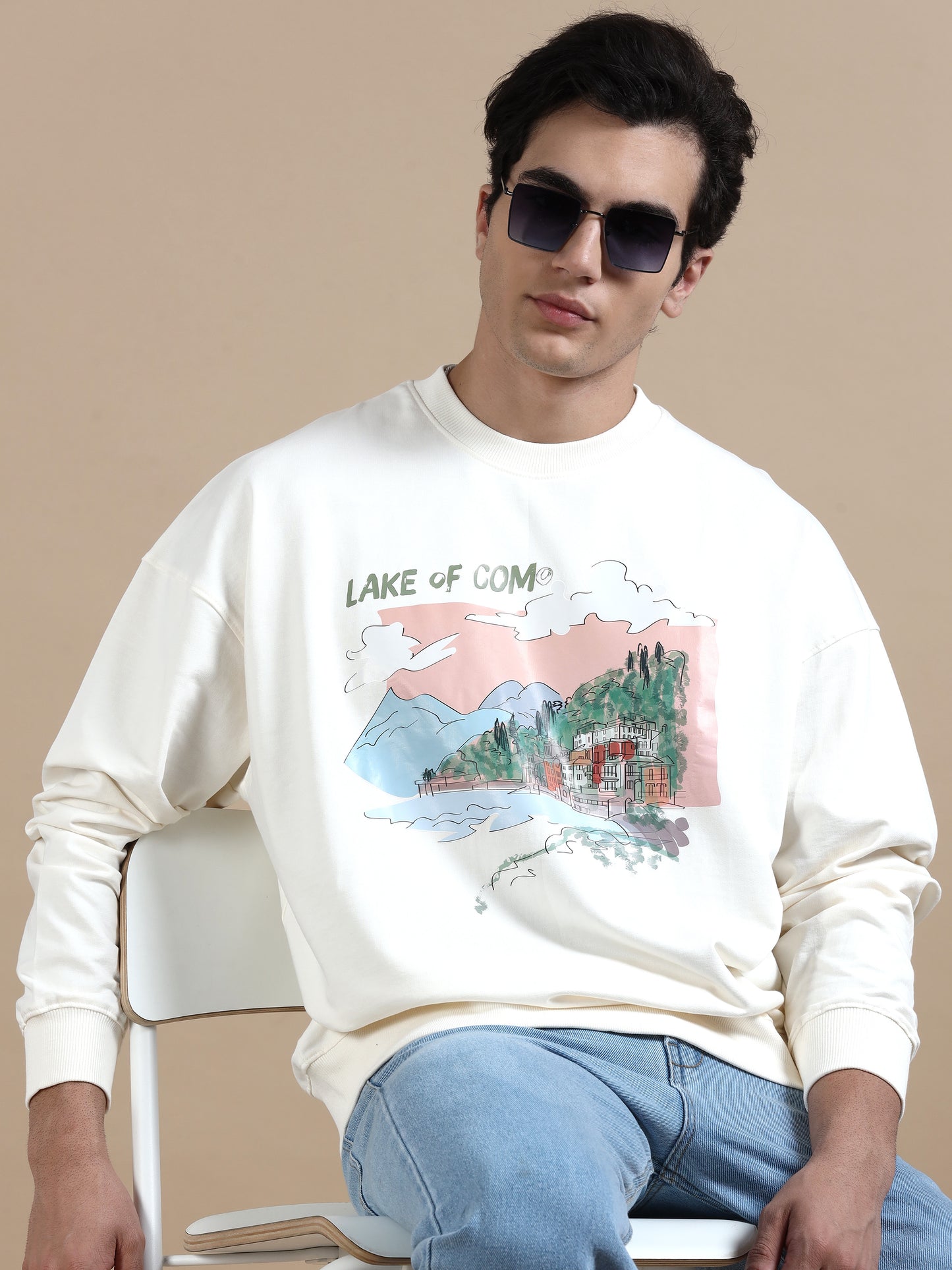 Men Printed Oversized Sweatshirt Pure Cotton Full Sleeve Off white