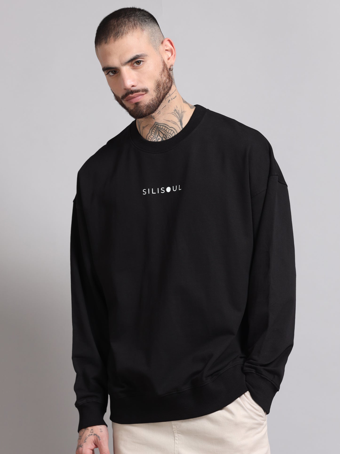 Men Printed Oversized Sweatshirt Pure Cotton Full Sleeve Black