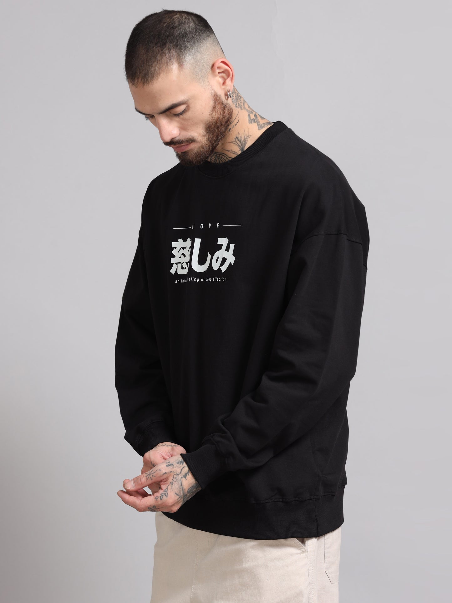 Men Printed Oversized Sweatshirt Pure Cotton Full Sleeve Black