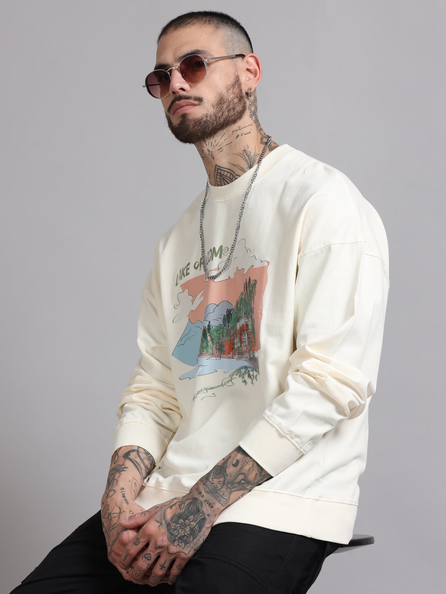 Men Printed Oversized Sweatshirt Pure Cotton Full Sleeve Off white