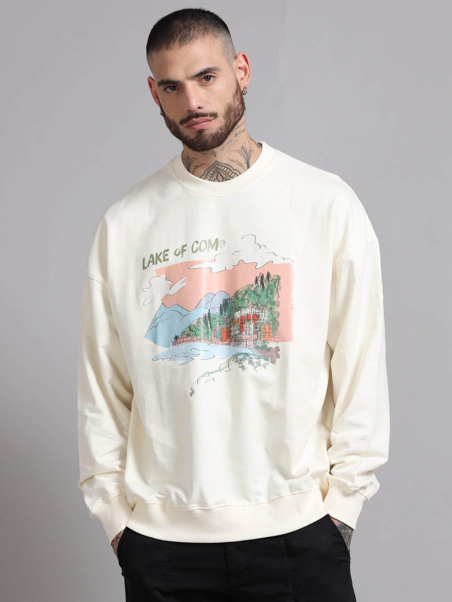 Men Printed Oversized Sweatshirt Pure Cotton Full Sleeve Off white