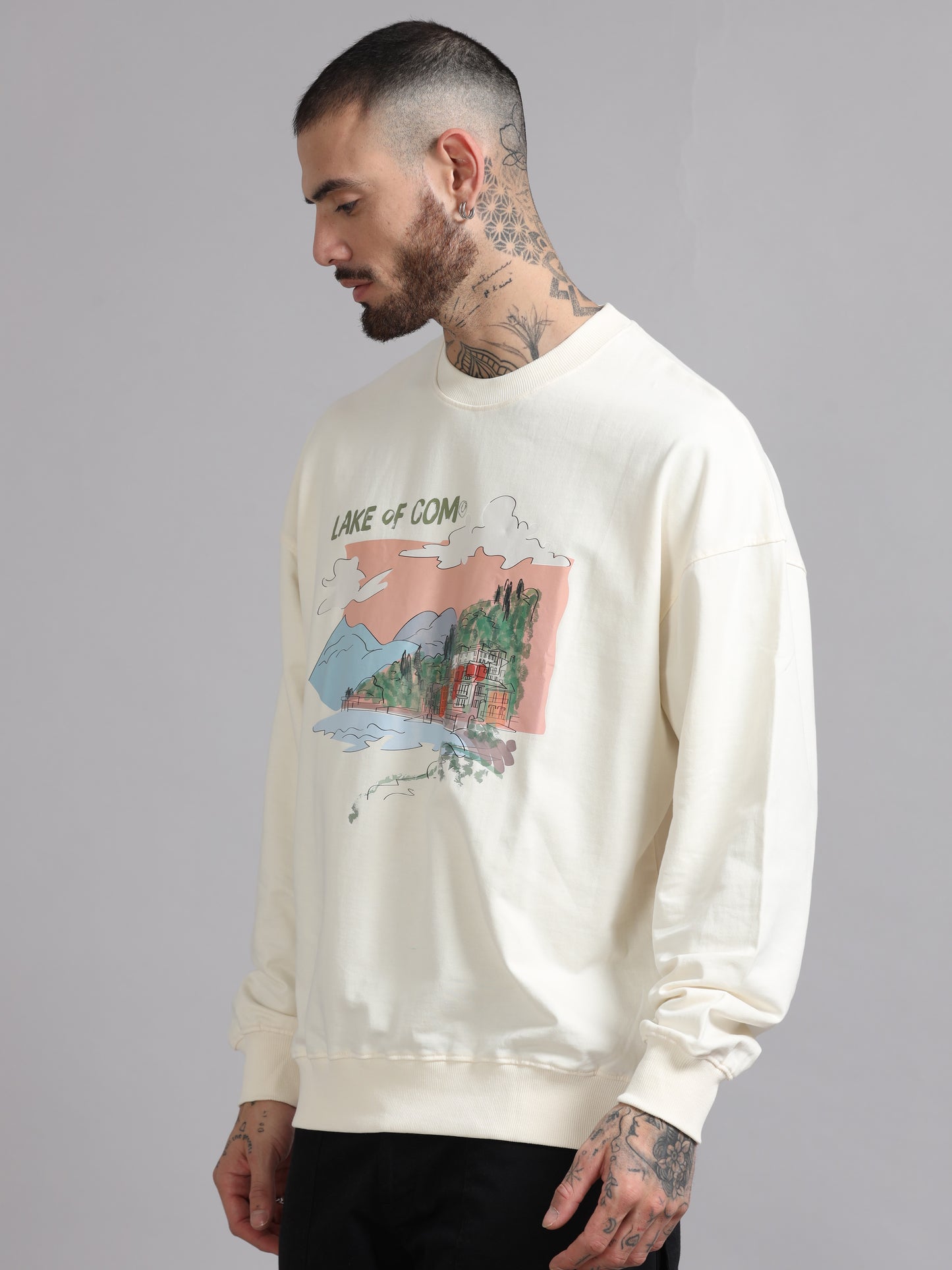 Men Printed Oversized Sweatshirt Pure Cotton Full Sleeve Off white