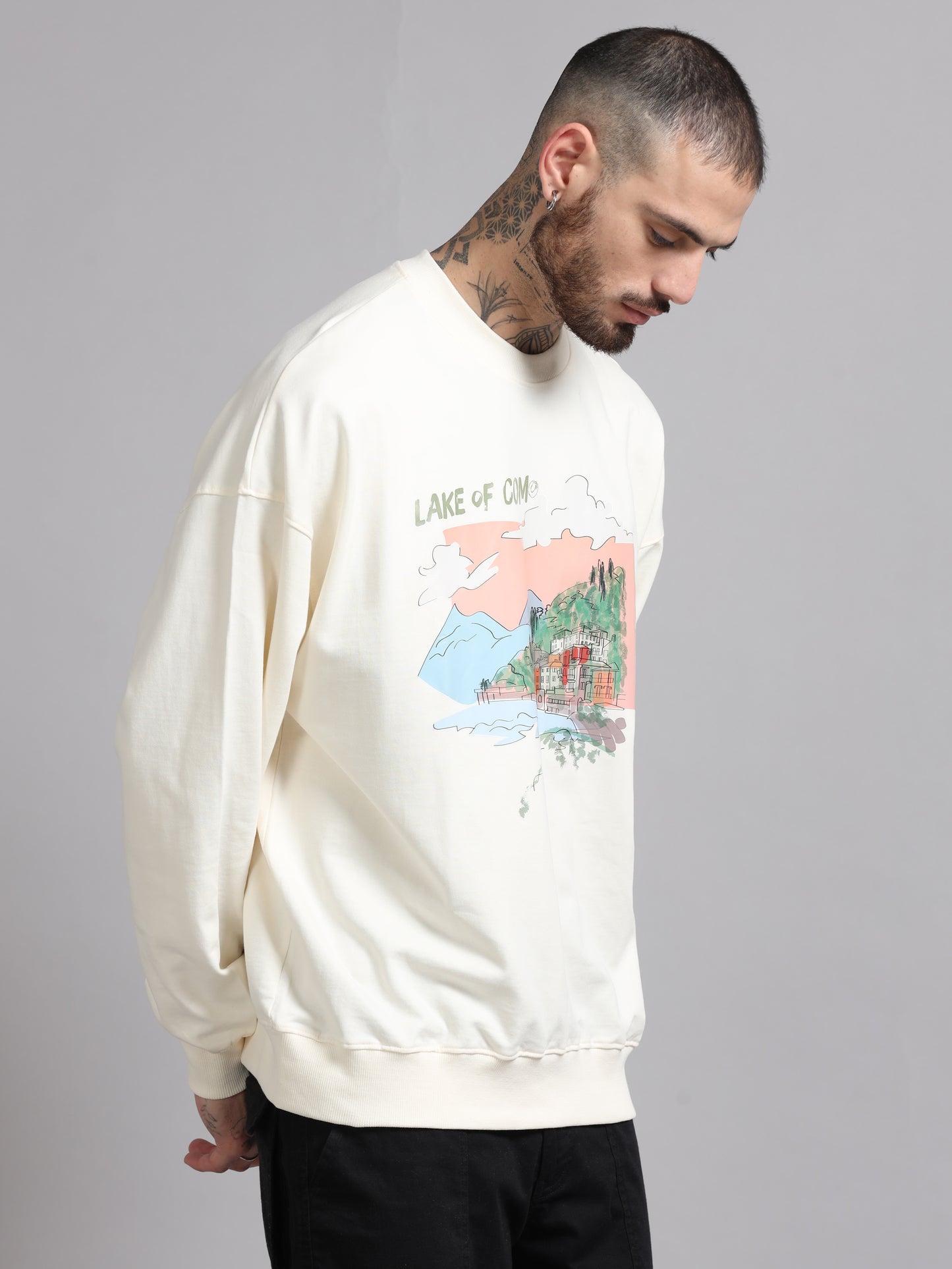 Men Printed Oversized Sweatshirt Pure Cotton Full Sleeve Off white