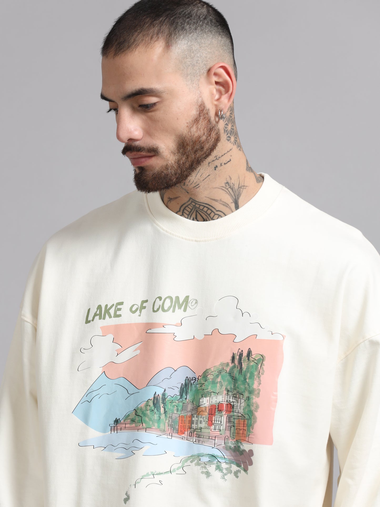 Men Printed Oversized Sweatshirt Pure Cotton Full Sleeve Off white