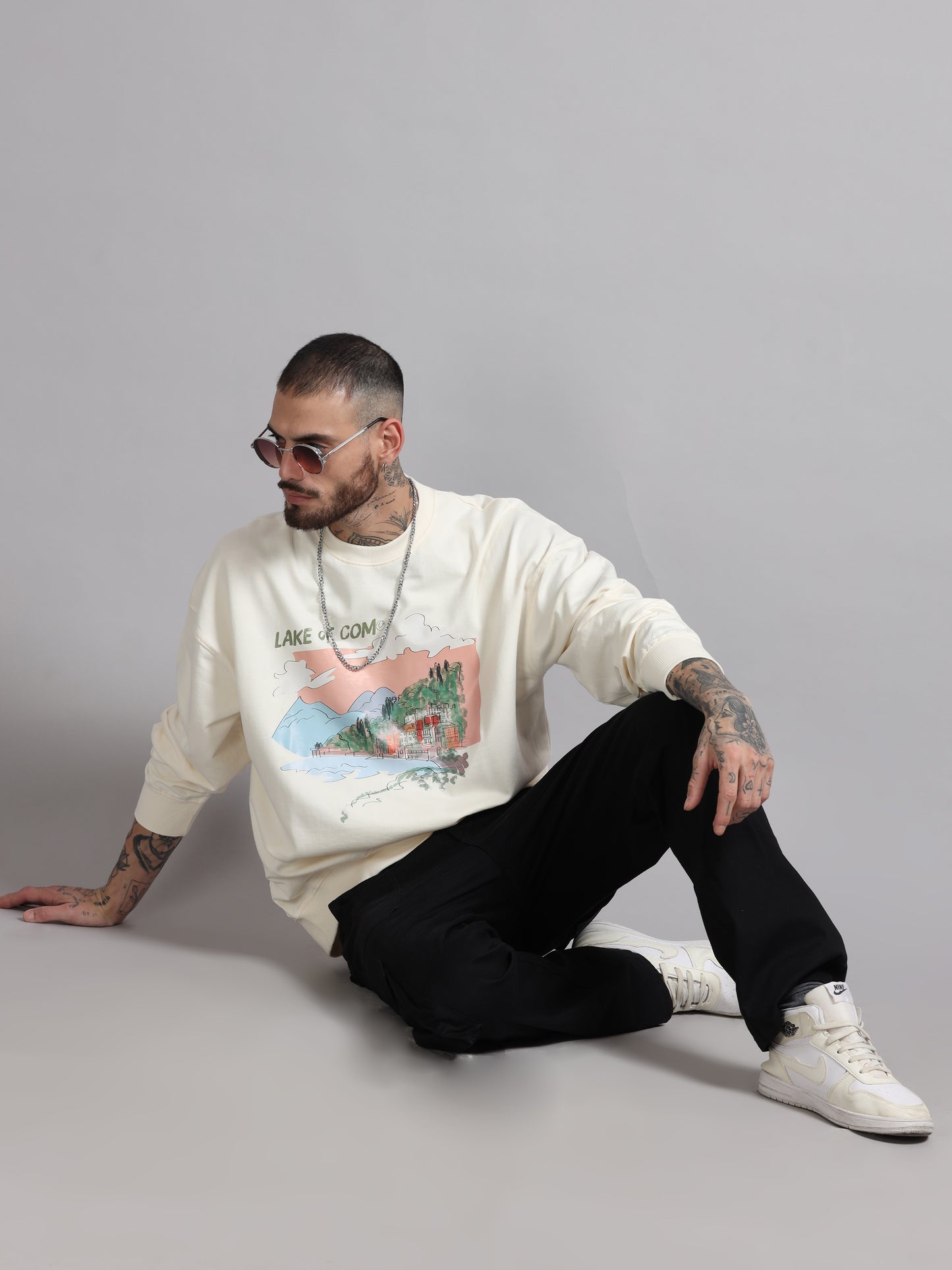 Men Printed Oversized Sweatshirt Pure Cotton Full Sleeve Off white