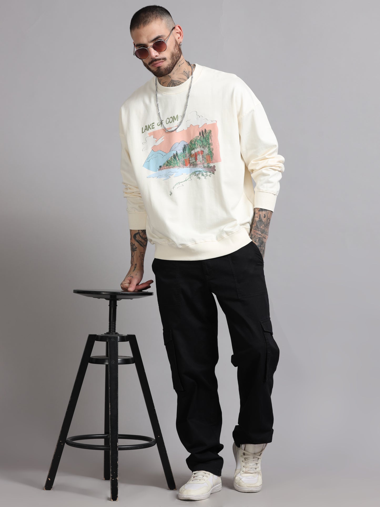 Men Printed Oversized Sweatshirt Pure Cotton Full Sleeve Off white