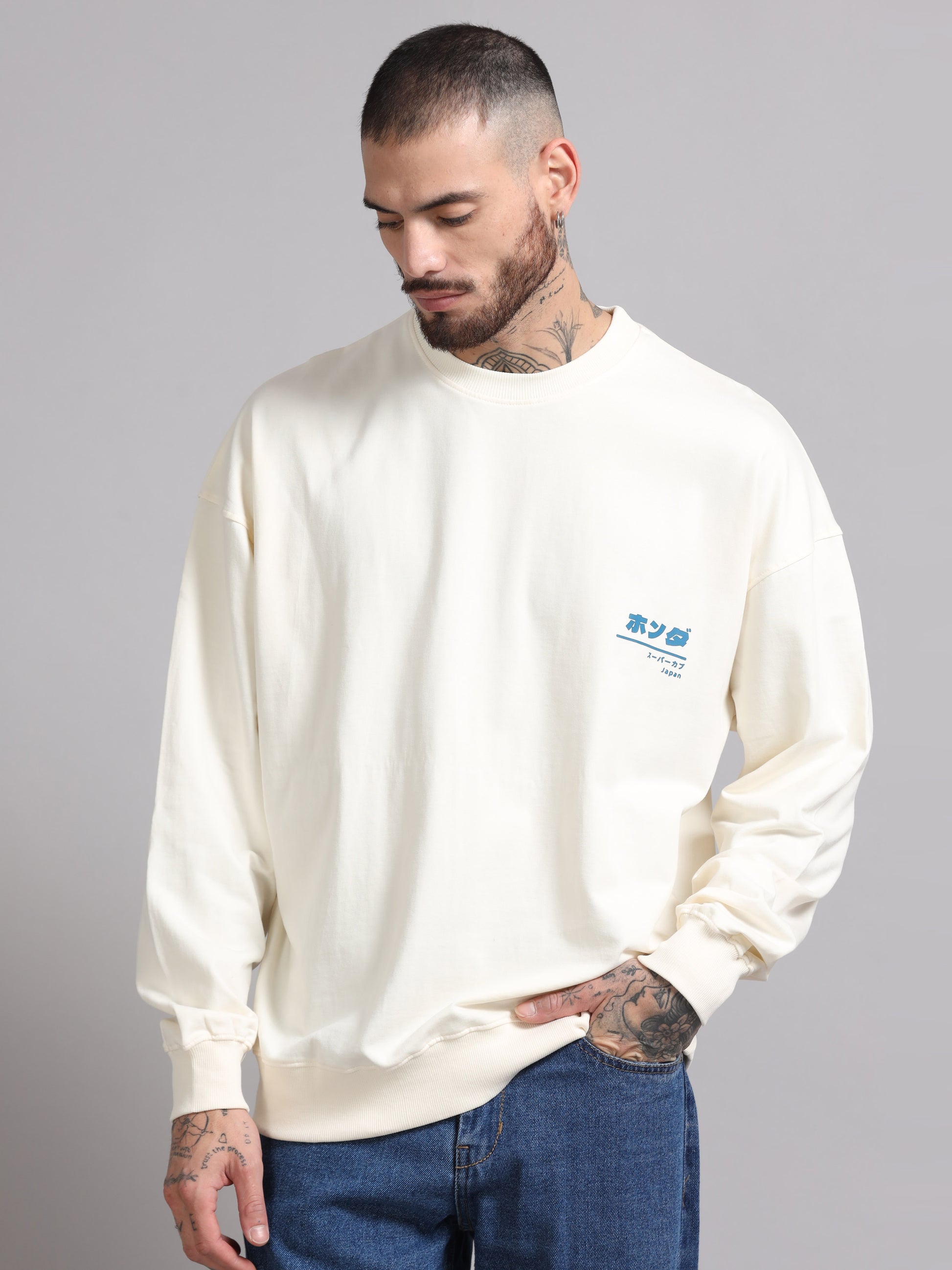 Men Printed Oversized Sweatshirt Pure Cotton Full Sleeve Off white SILISOUL