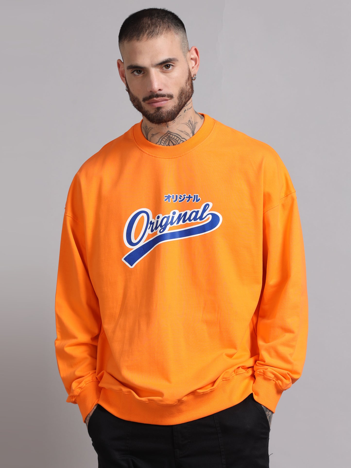 Men Printed Oversized Sweatshirt Pure Cotton Full Sleeve Orange SILISOUL