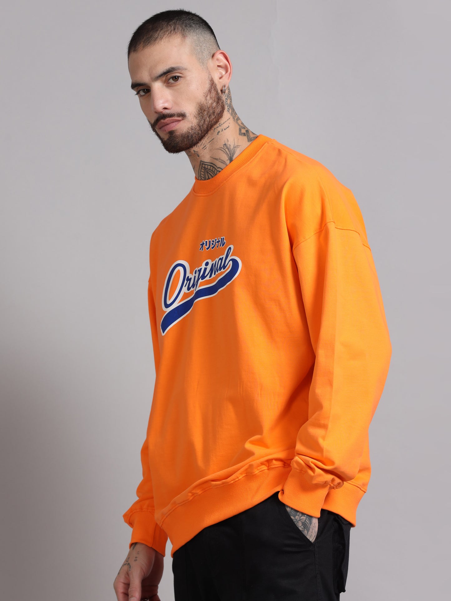 Men Printed Oversized Sweatshirt Pure Cotton Full Sleeve Orange