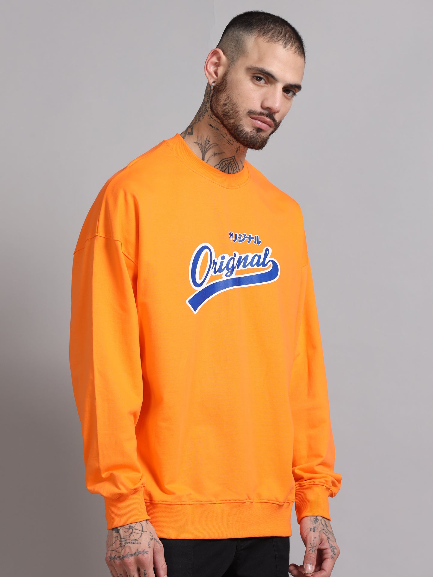 Men Printed Oversized Sweatshirt Pure Cotton Full Sleeve Orange