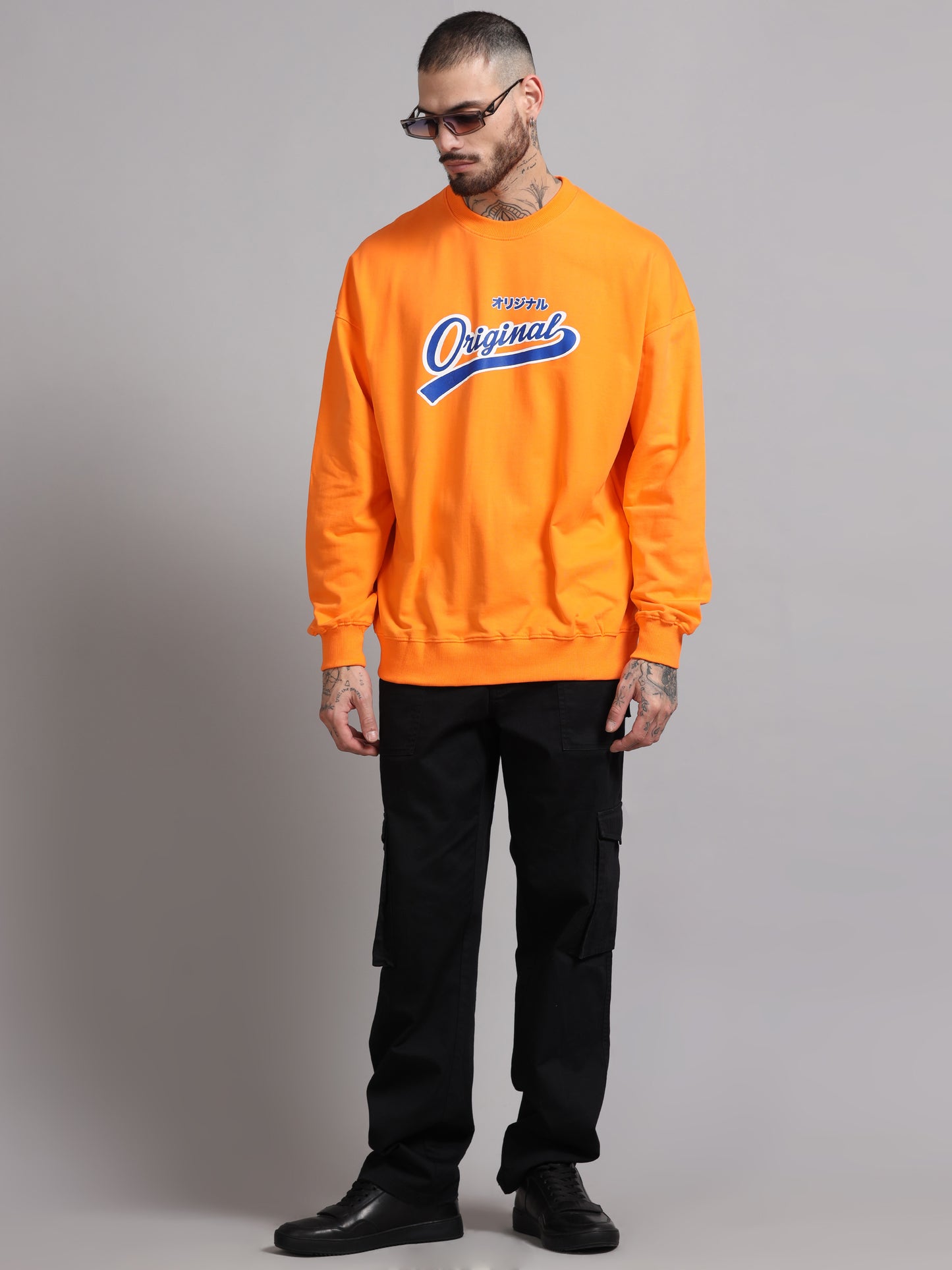 Men Printed Oversized Sweatshirt Pure Cotton Full Sleeve Orange SILISOUL