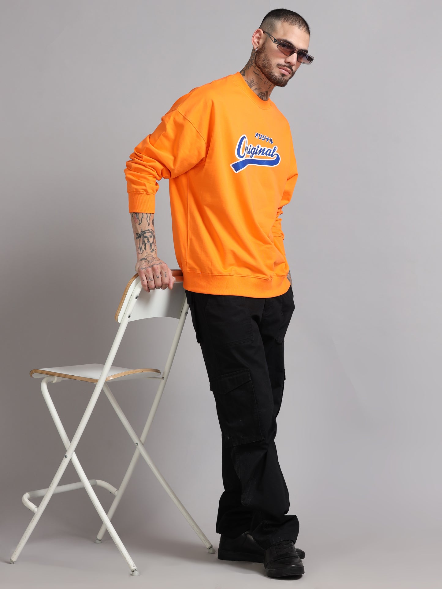 Men Printed Oversized Sweatshirt Pure Cotton Full Sleeve Orange SILISOUL