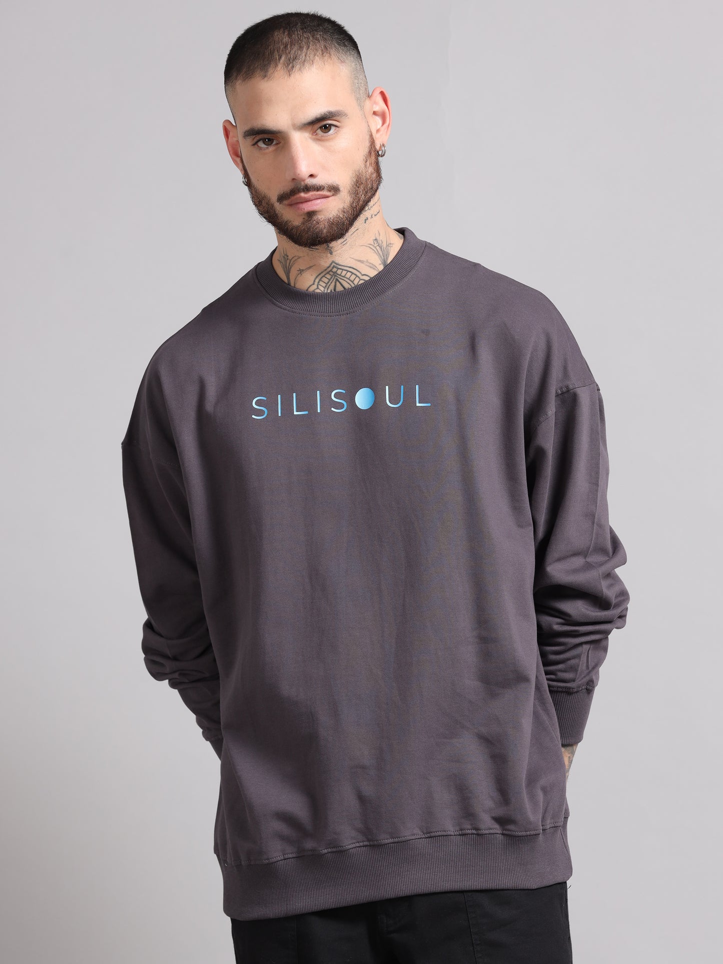 Men Printed Oversized Sweatshirt Pure Cotton Full Sleeve Dark grey