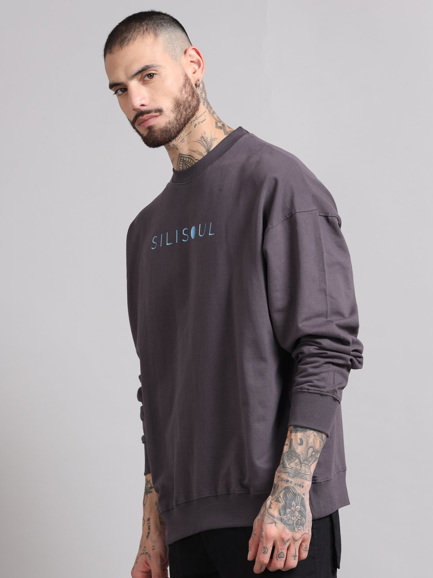 Men Printed Oversized Sweatshirt Pure Cotton Full Sleeve Dark grey SILISOUL