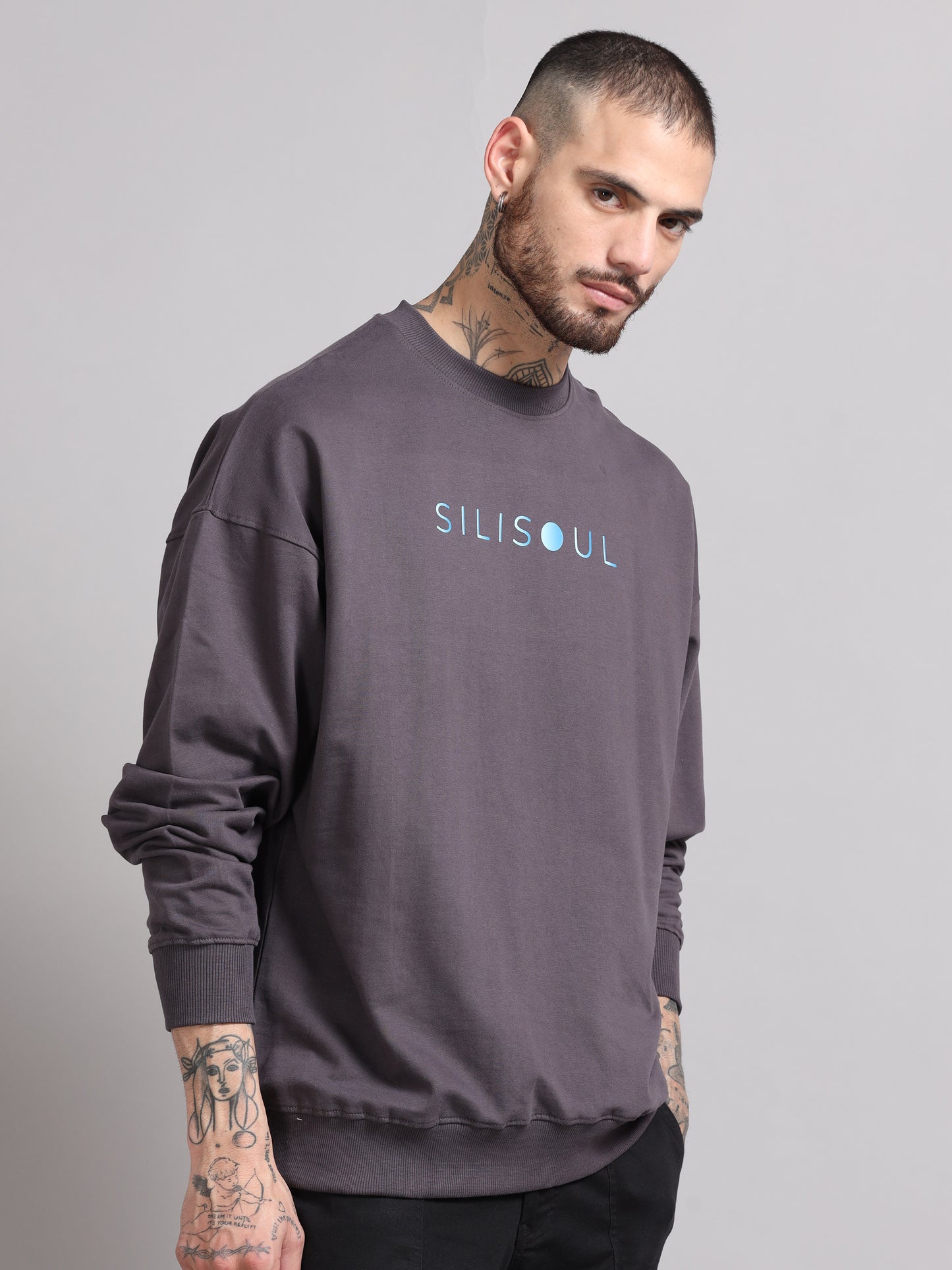 Men Printed Oversized Sweatshirt Pure Cotton Full Sleeve Dark grey SILISOUL