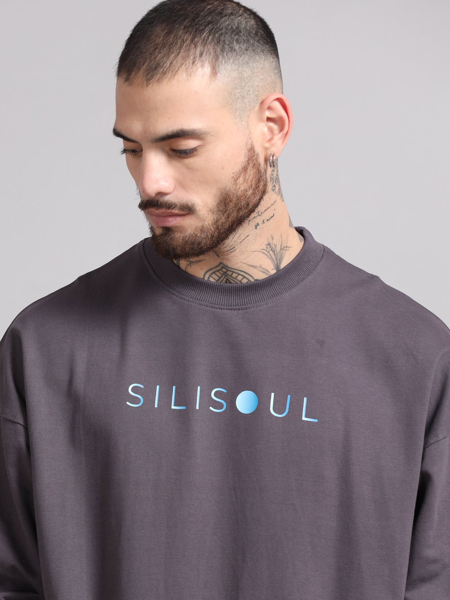 Men Printed Oversized Sweatshirt Pure Cotton Full Sleeve Dark grey SILISOUL