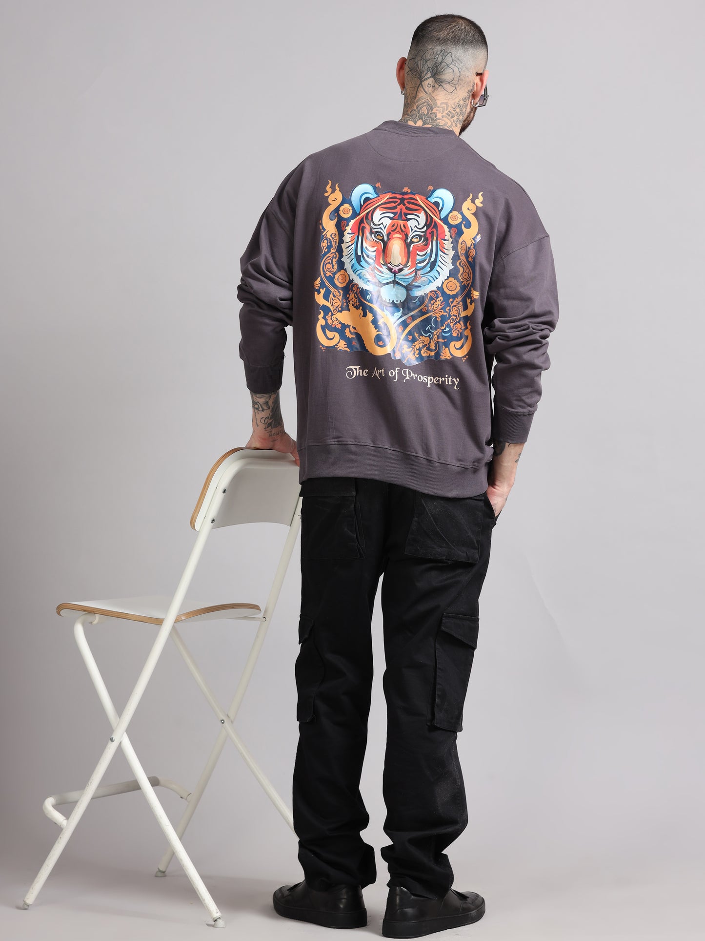 Men Printed Oversized Sweatshirt Pure Cotton Full Sleeve Dark grey SILISOUL