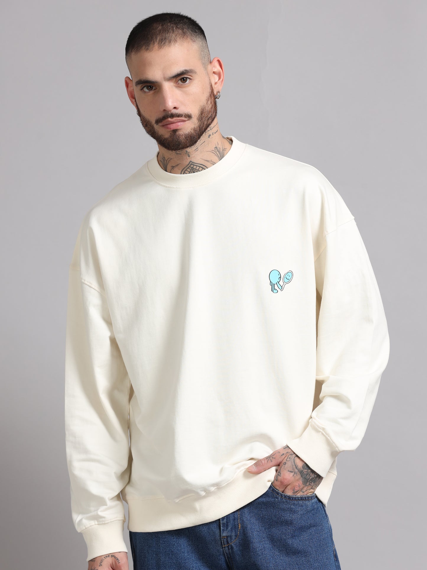 Men Printed Oversized Sweatshirt Pure Cotton Full Sleeve Off White