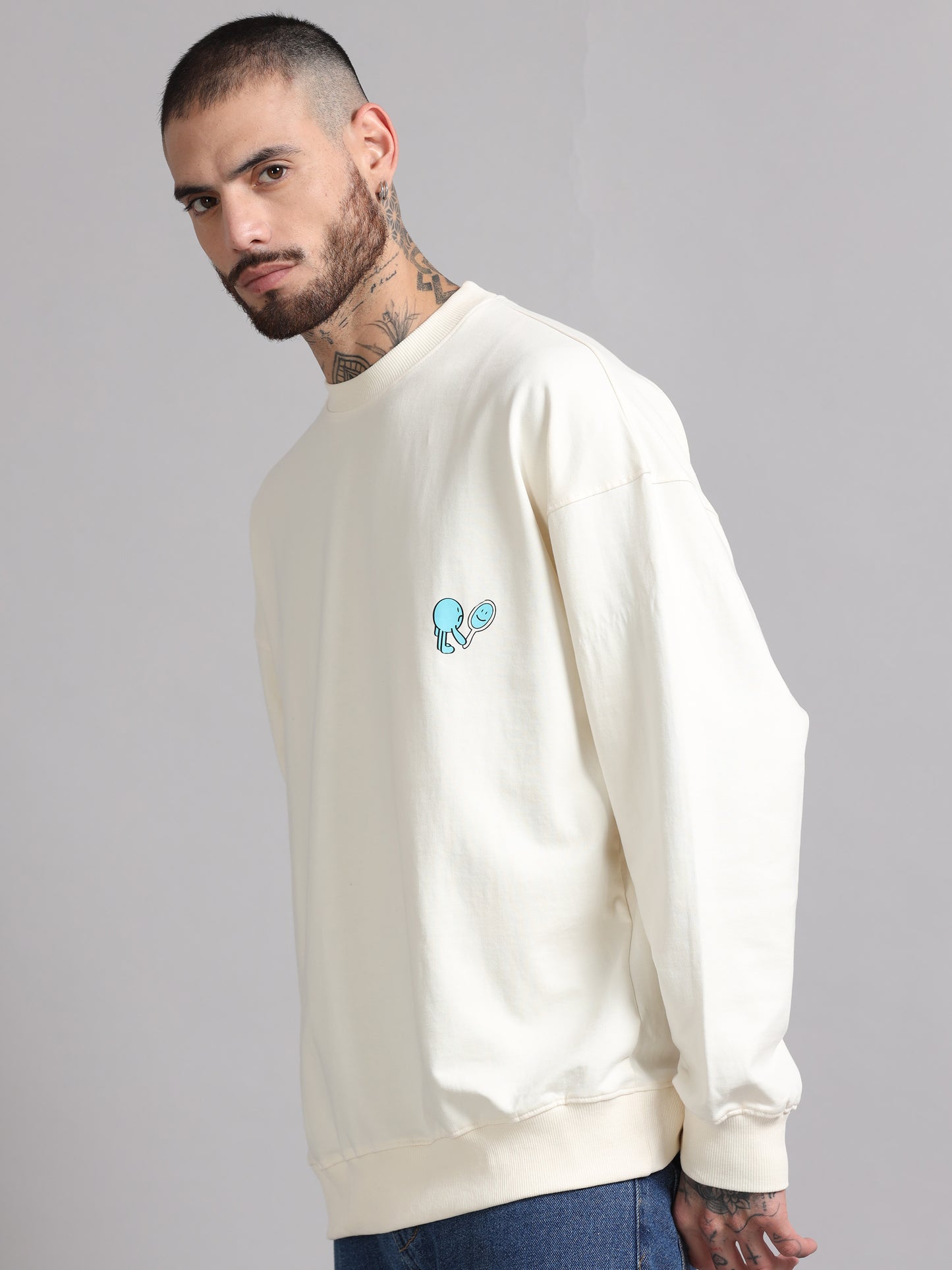 Men Printed Oversized Sweatshirt Pure Cotton Full Sleeve Off White