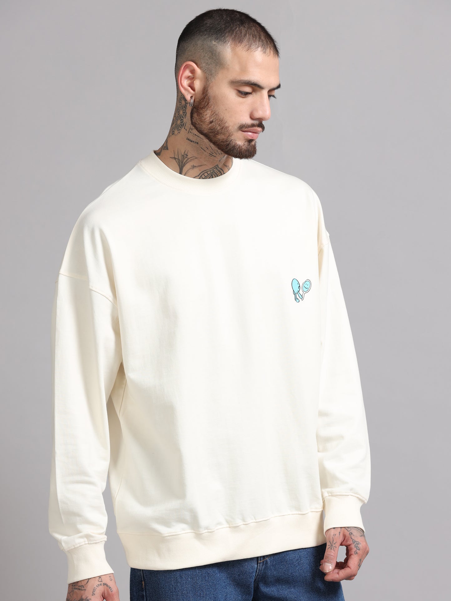 Men Printed Oversized Sweatshirt Pure Cotton Full Sleeve Off White