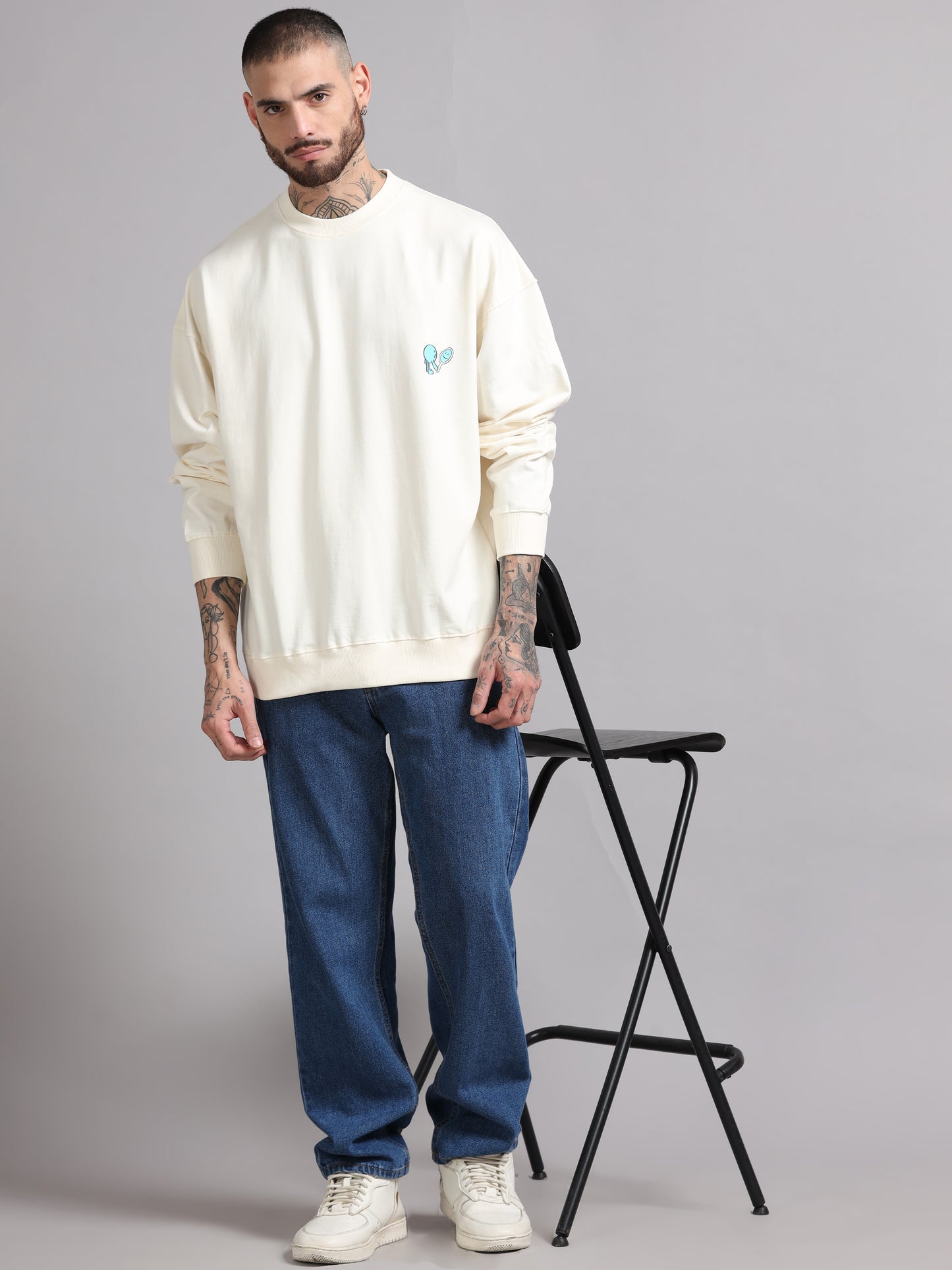 Men Printed Oversized Sweatshirt Pure Cotton Full Sleeve Off White